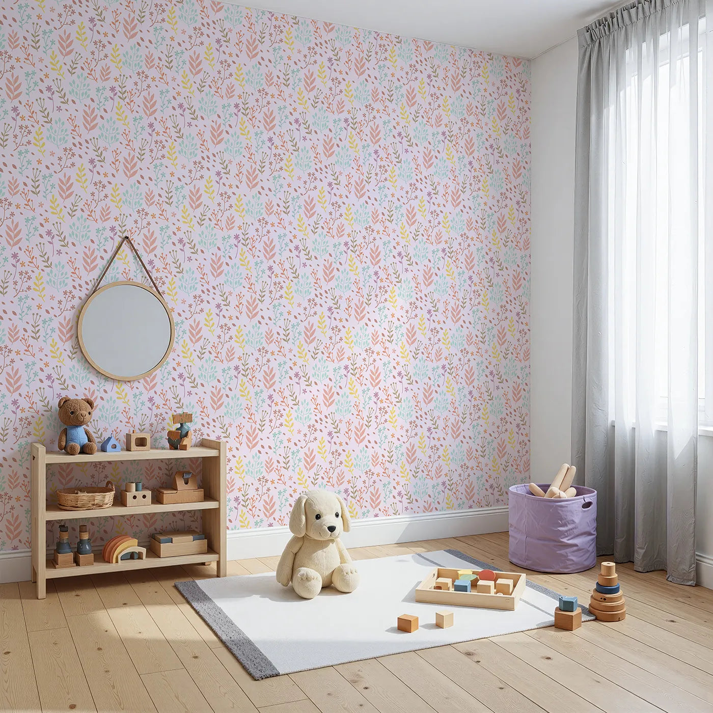 Angled view of Whimsy Tots' Whimsy Meadow Sketch Wallpaper in Blush Pink (W3178B).Sketchy blooms and branches blossom gently across a soft blush sky.