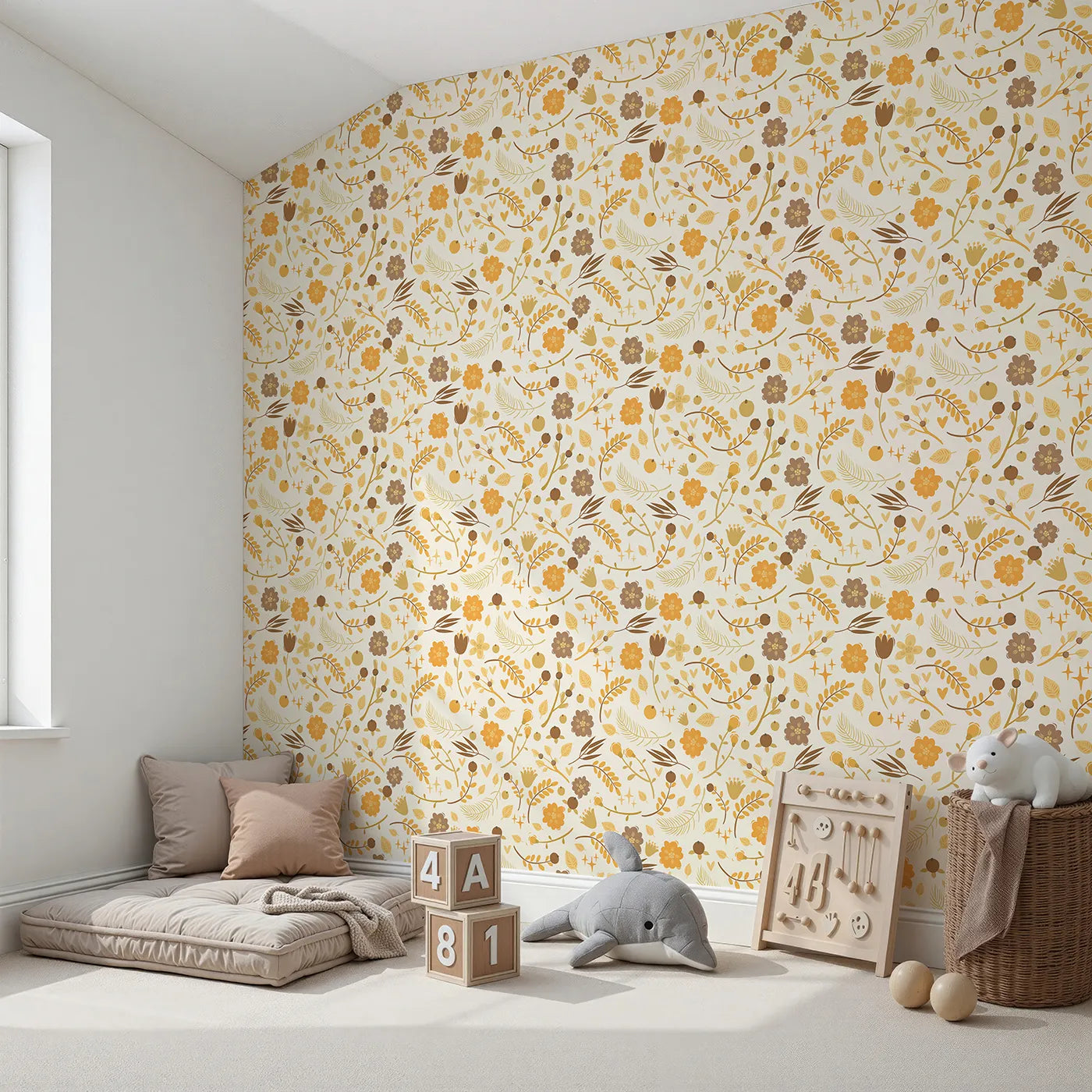 Angled view of Whimsy Tots' Golden Woodland Whimsy Wallpaper in Cream (W3179A).Golden leaves and woodland blooms wrap the room in nature’s warmth.