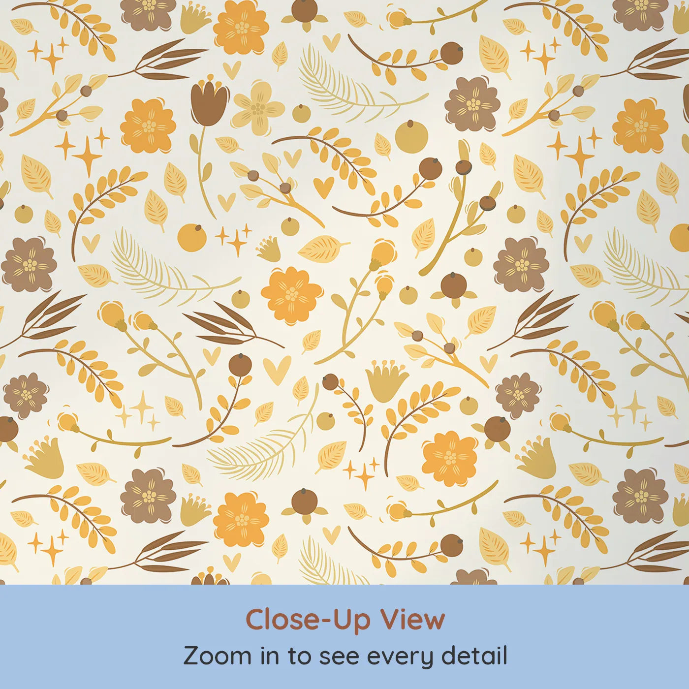 Close-up view of Whimsy Tots' Golden Woodland Whimsy Wallpaper in Cream (W3179A).Golden leaves and woodland blooms wrap the room in nature’s warmth.