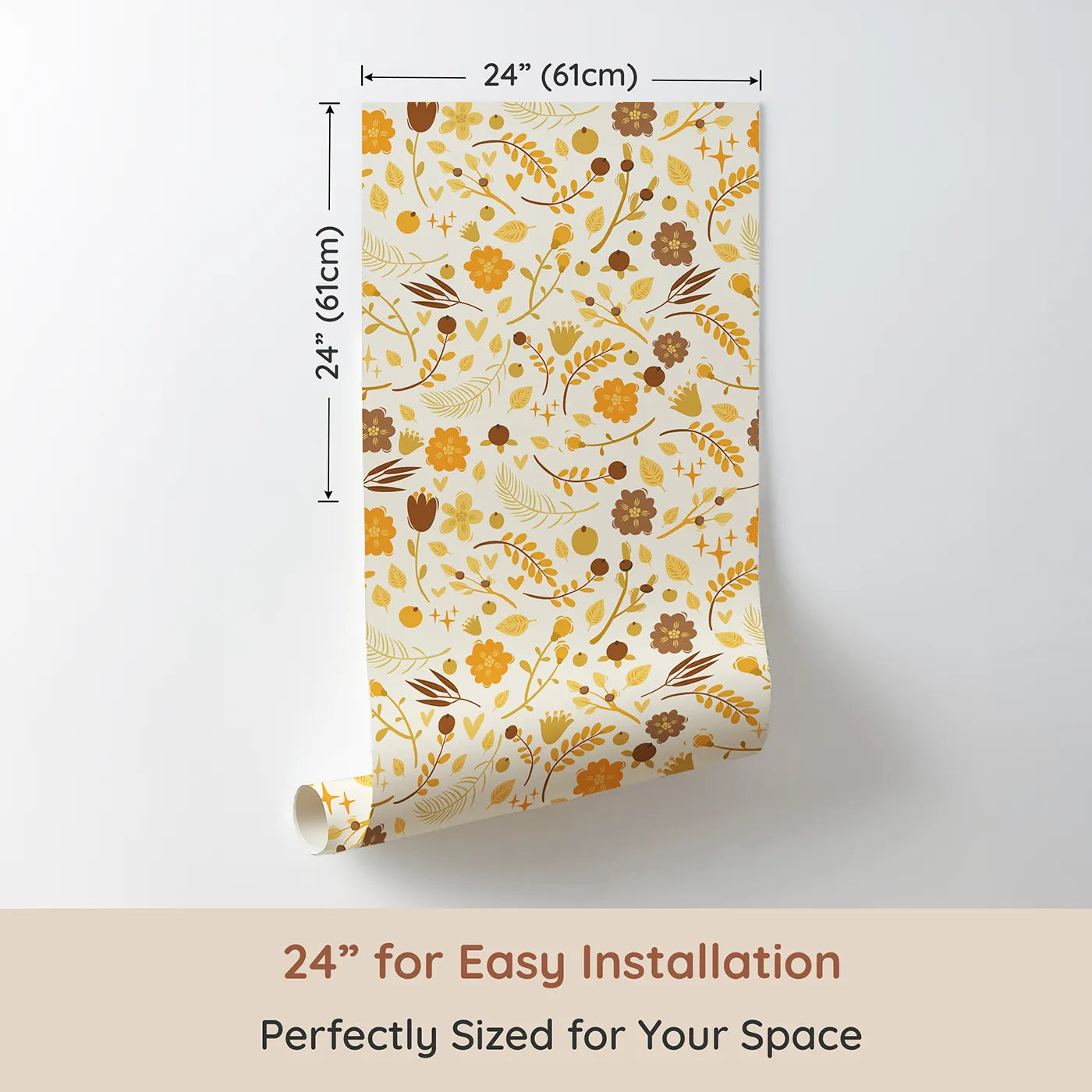 Dimension view of Whimsy Tots Golden Woodland Whimsy Wallpaper in Cream (W3179A). Printed in 24-inch-wide panel for easy installation. Golden leaves and woodland blooms wrap the room in nature’s warmth.