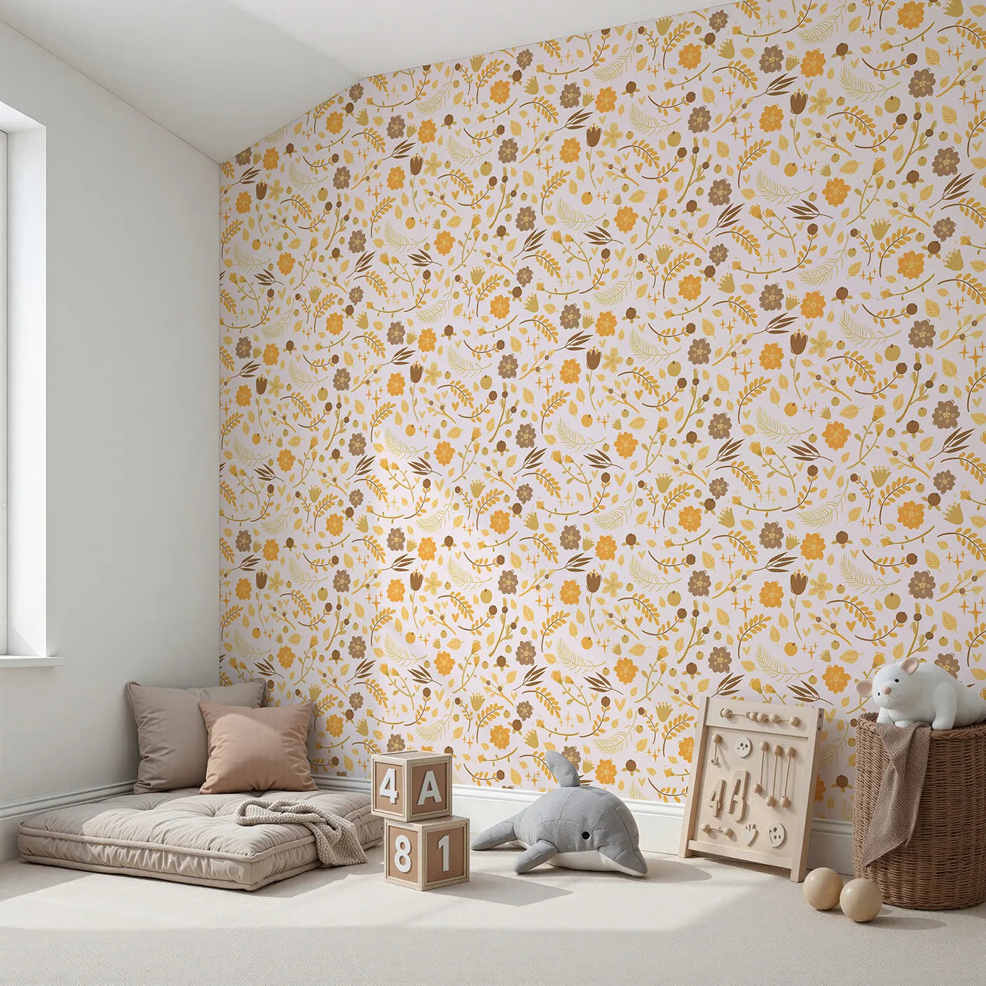 Angled view of Whimsy Tots' Golden Woodland Whimsy Wallpaper in Blush (W3179B).Golden flowers and fall treasures glow on a soft blush backdrop.