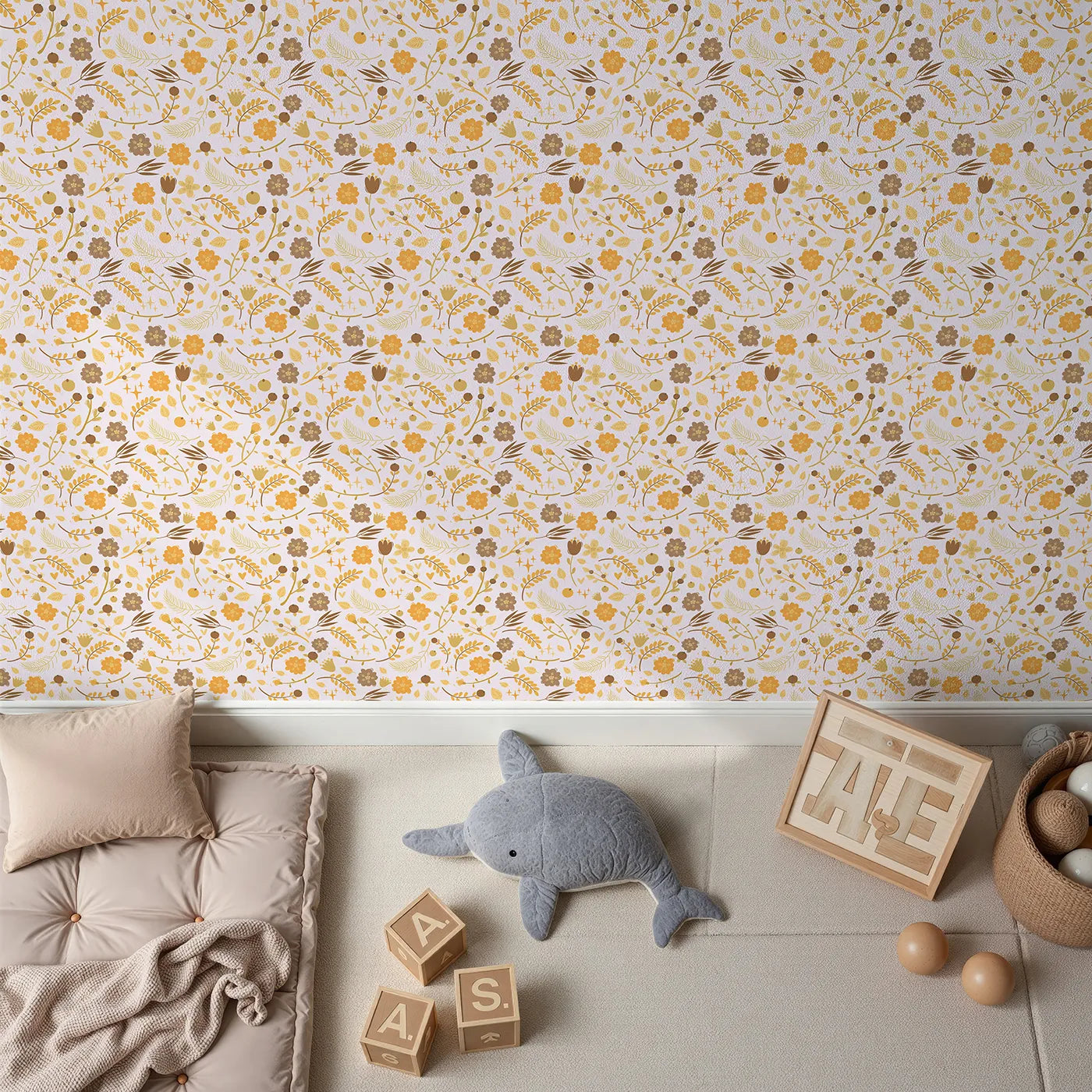 Top-Down view of Whimsy Tots' Golden Woodland Whimsy Wallpaper in Blush (W3179B).Golden flowers and fall treasures glow on a soft blush backdrop.