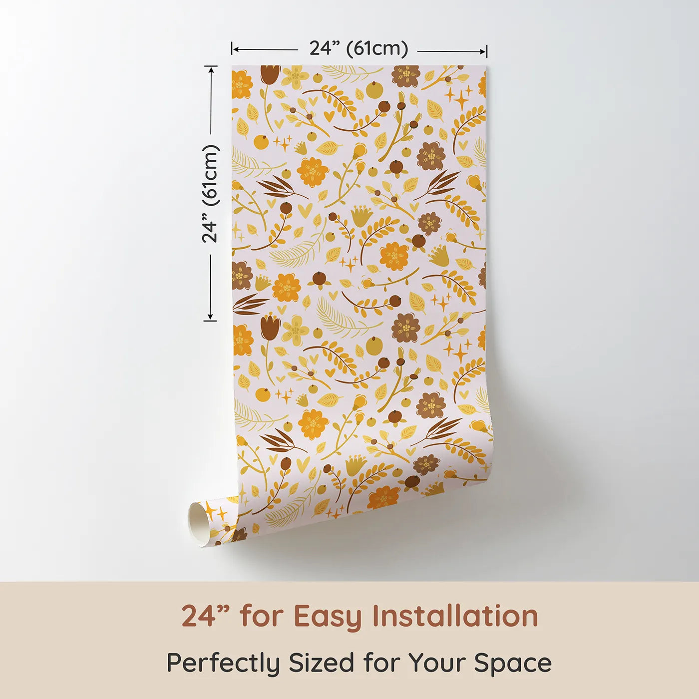 Dimension view of Whimsy Tots Golden Woodland Whimsy Wallpaper in Blush (W3179B). Printed in 24-inch-wide panel for easy installation. Golden flowers and fall treasures glow on a soft blush backdrop.