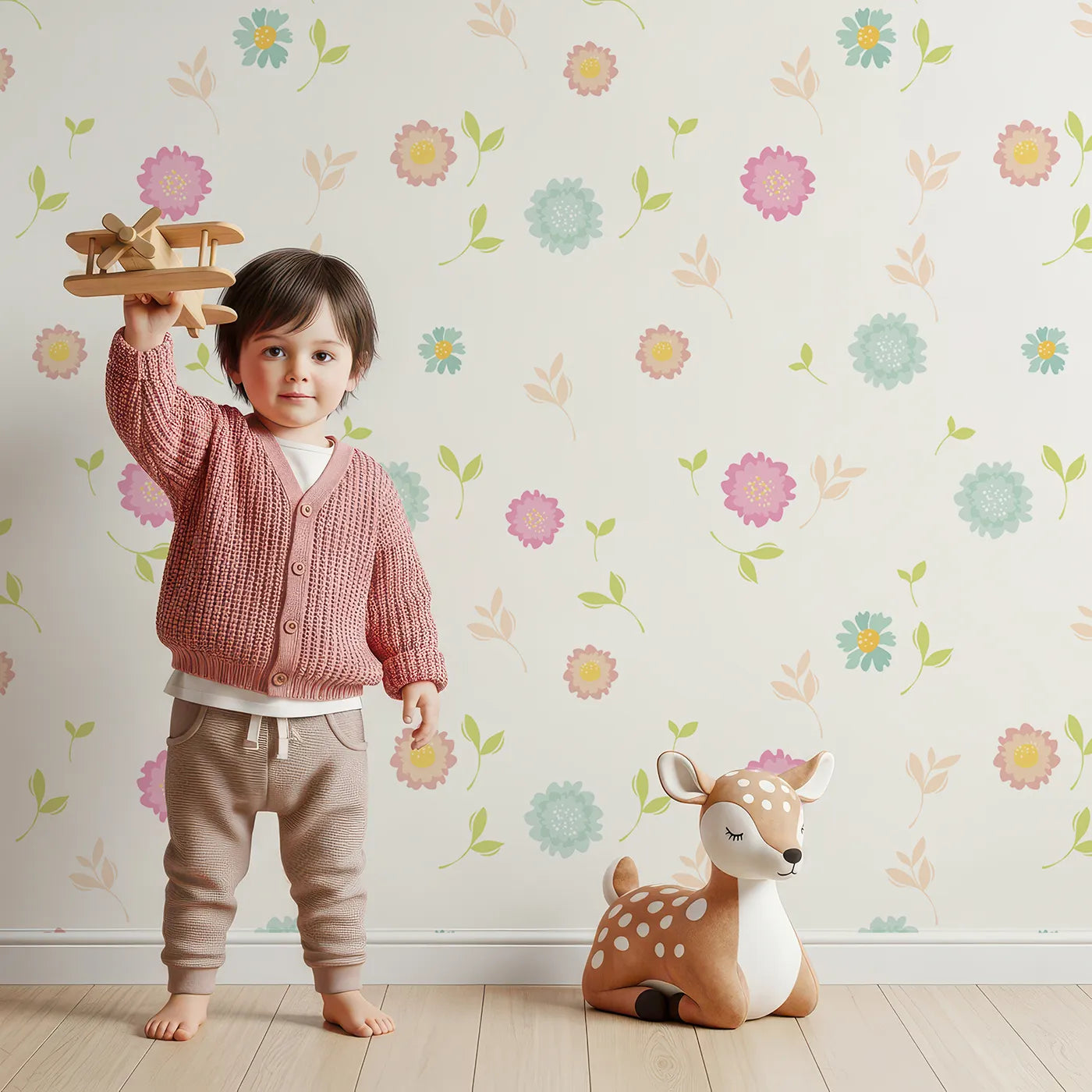Lovely child standing in front of Whimsy Tots Breezy Blossom Meadow Wallpaper in White with flower, petal, leaf in design.