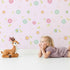 Lovely child standing in front of Whimsy Tots Breezy Blossom Meadow Wallpaper in Pink with flower, petal, leaf in design.