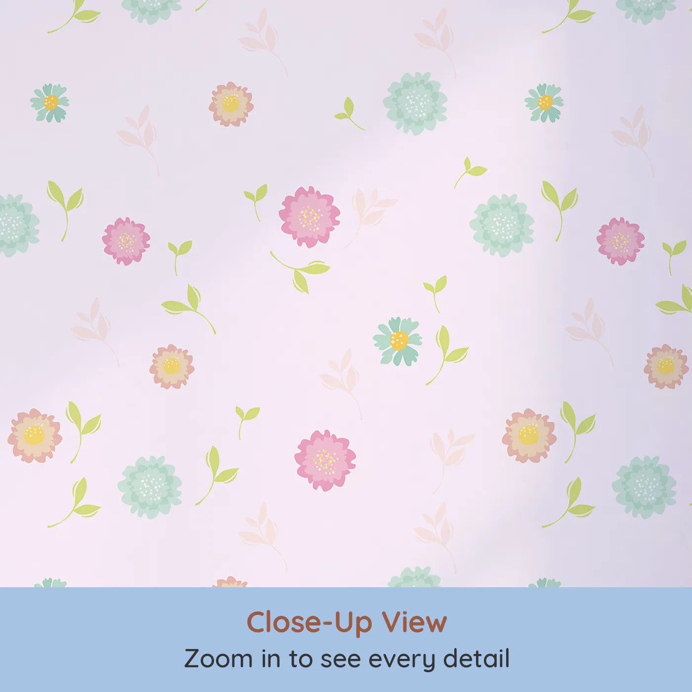 Close-up view of Whimsy Tots' Breezy Blossom Meadow Wallpaper in Pink (W3180B).Soft pastel blooms float like sunshine through the air.