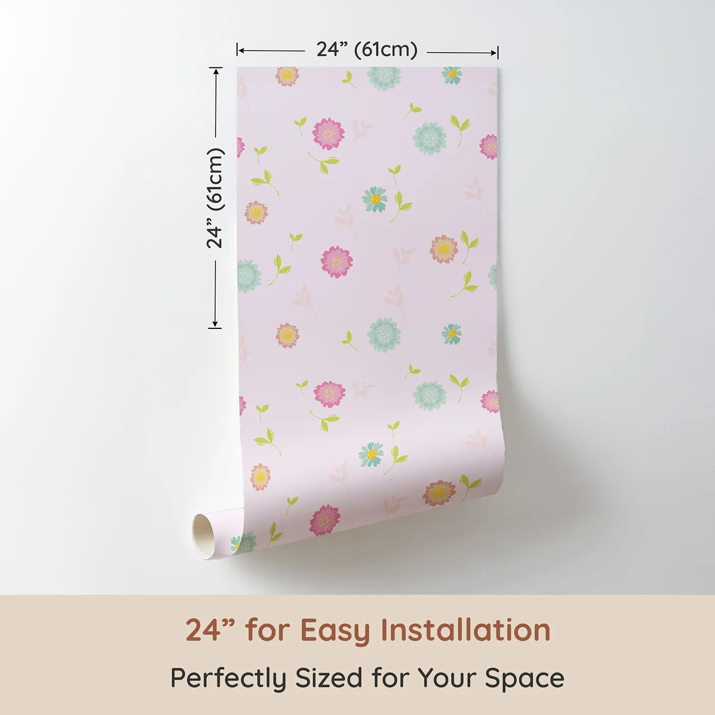 Dimension view of Whimsy Tots Breezy Blossom Meadow Wallpaper in Pink (W3180B). Printed in 24-inch-wide panel for easy installation. Soft pastel blooms float like sunshine through the air.