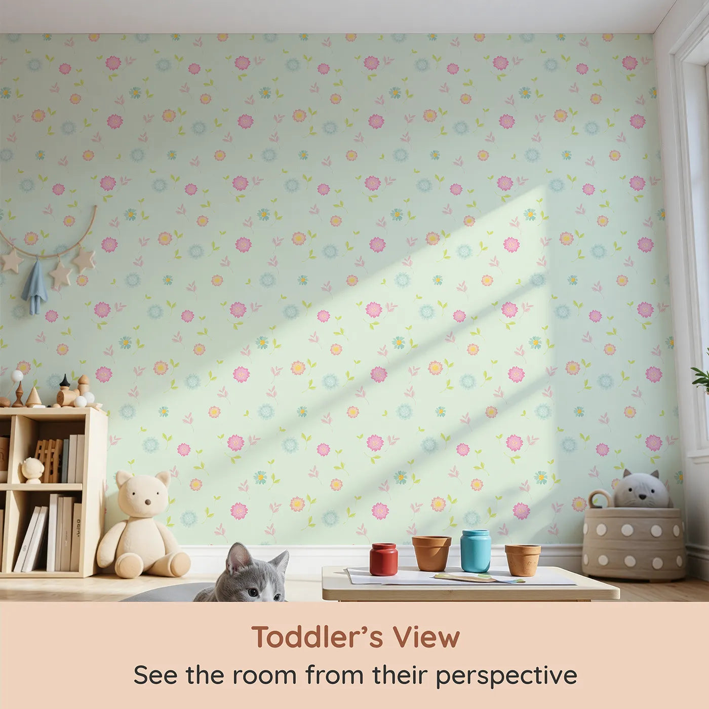 Whimsy Tots Breezy Blossom Meadow Wallpaper in Mint Green (W3180D) from your child's view.Pastel blossoms drift softly on a fresh mint canvas.