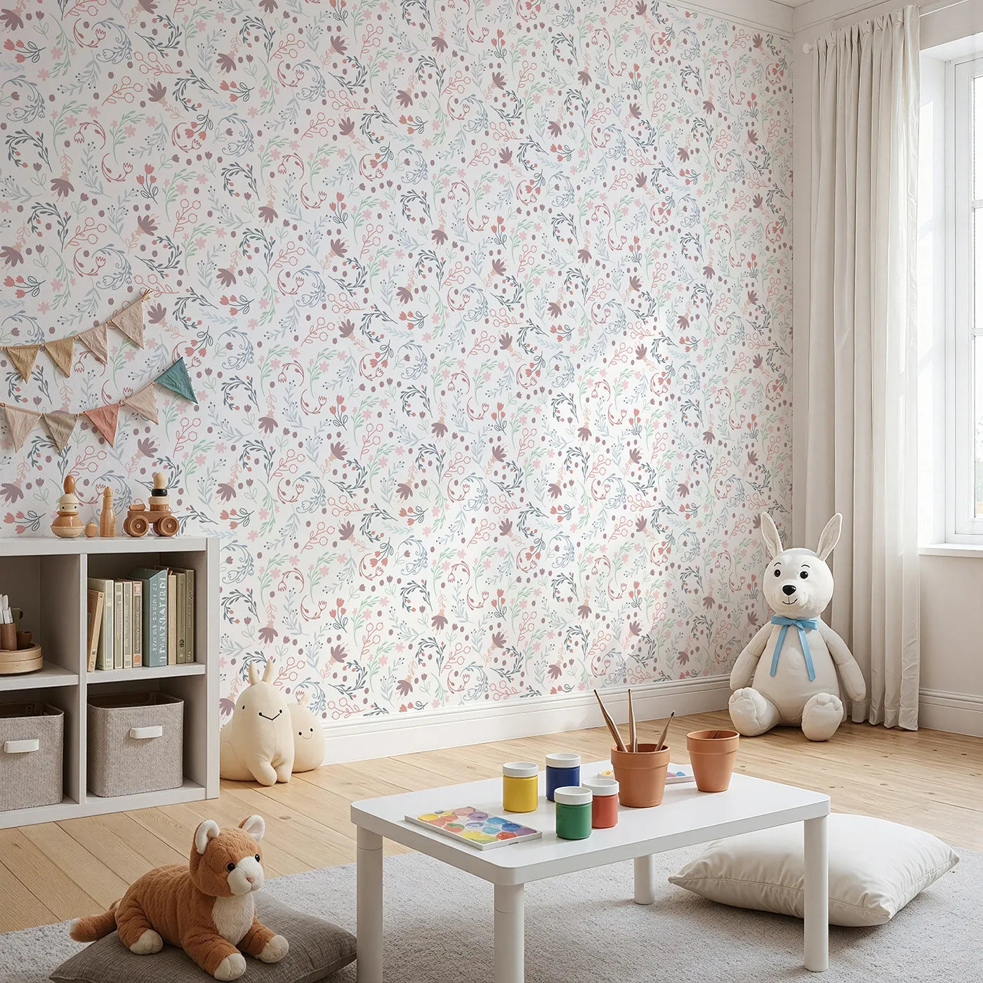 Angled view of Whimsy Tots' Fairy Petal Garden Wallpaper in White (W3181A).Dancing fairies and wild florals fill the air with wonder.