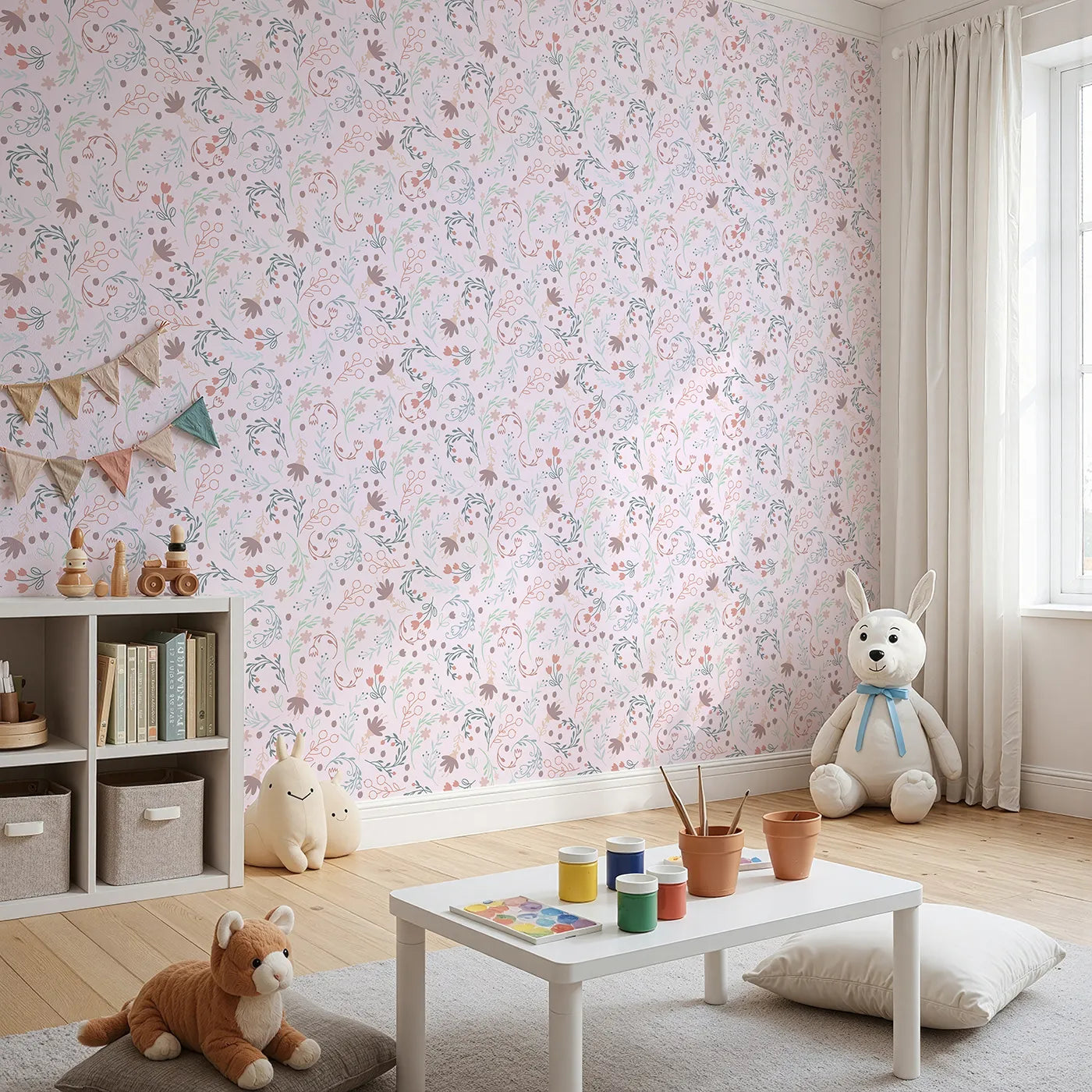 Angled view of Whimsy Tots' Fairy Petal Garden Wallpaper in Pink (W3181B).Dancing fairies and wild florals fill the air with wonder.