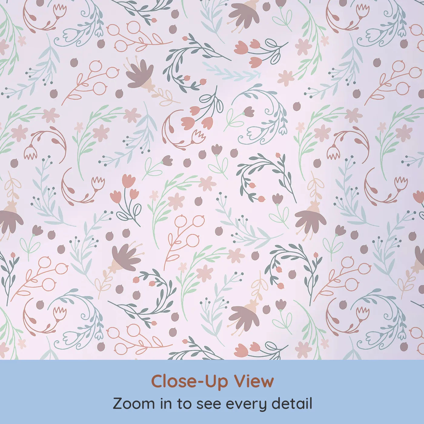 Close-up view of Whimsy Tots' Fairy Petal Garden Wallpaper in Pink (W3181B).Dancing fairies and wild florals fill the air with wonder.