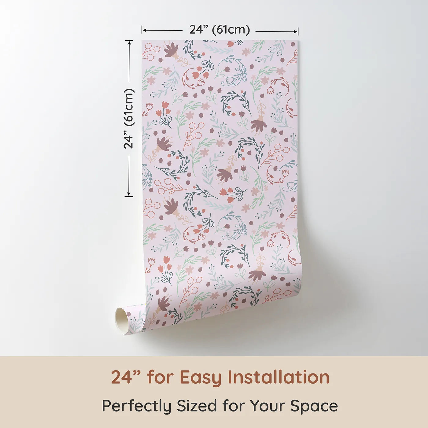 Dimension view of Whimsy Tots Fairy Petal Garden Wallpaper in Pink (W3181B). Printed in 24-inch-wide panel for easy installation. Dancing fairies and wild florals fill the air with wonder.