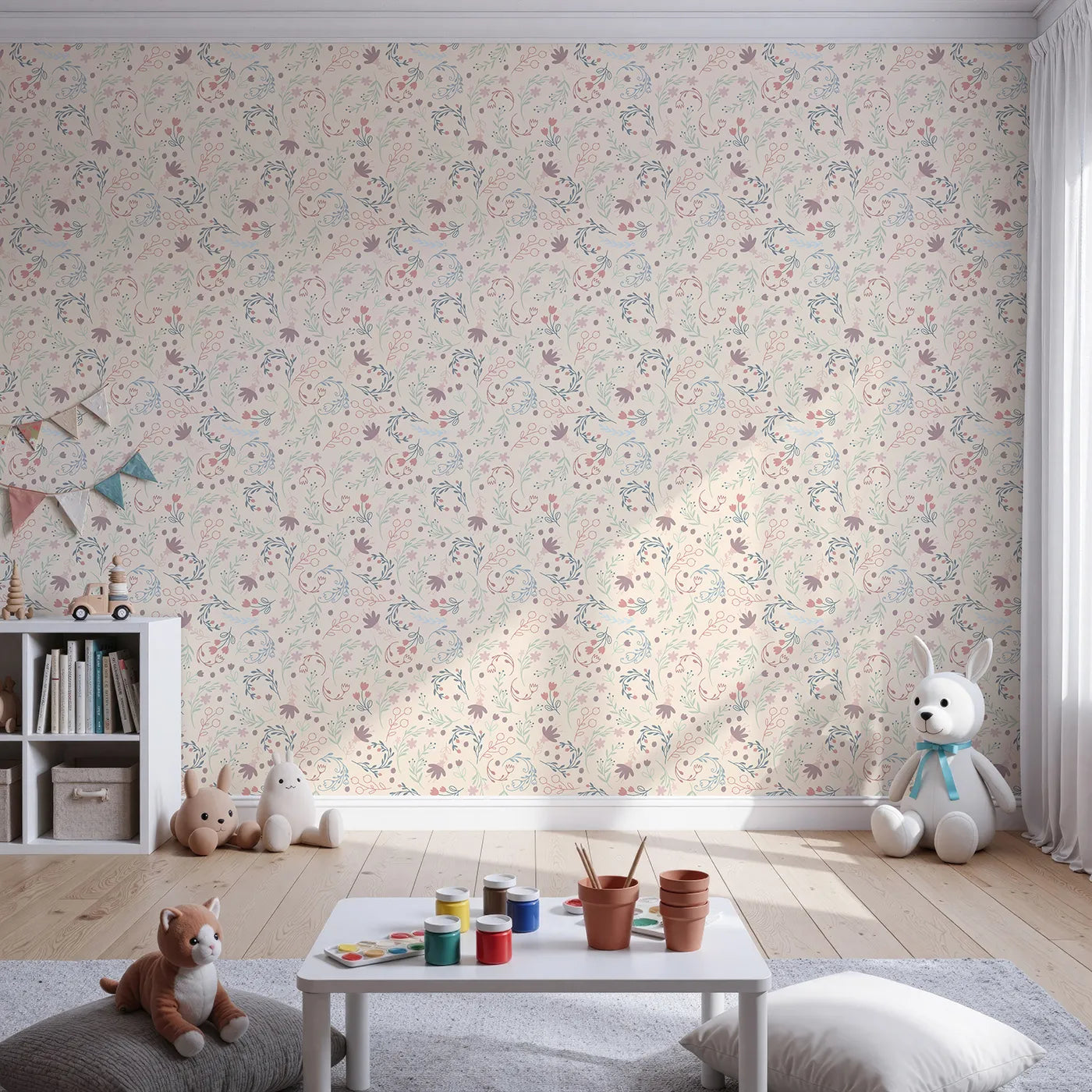 Front view of Whimsy Tots' Fairy Petal Garden Wallpaper in Cream