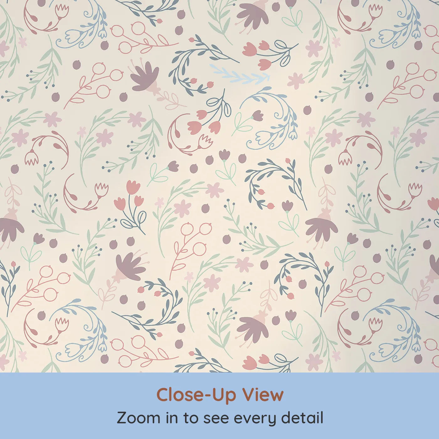 Close-up view of Whimsy Tots' Fairy Petal Garden Wallpaper in Cream (W3181C).Dancing fairies and wild florals fill the air with wonder.