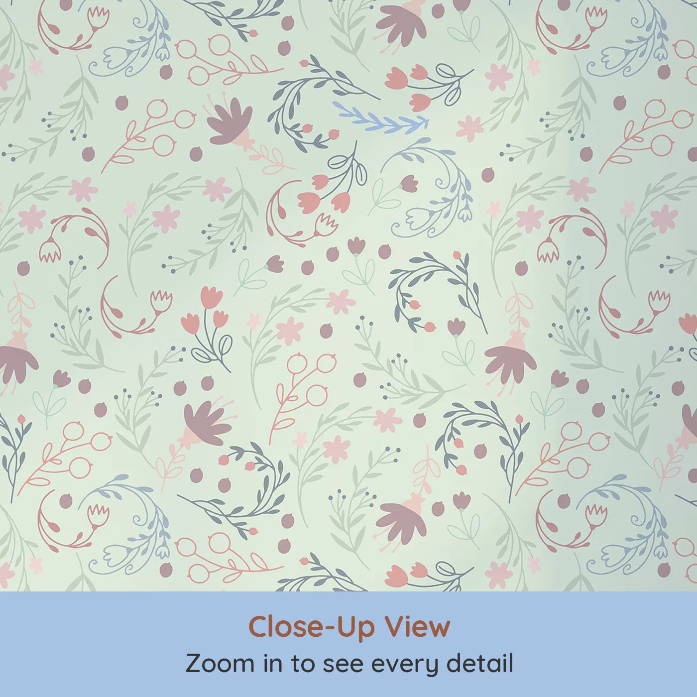 Close-up view of Whimsy Tots' Fairy Petal Garden Wallpaper in Mint Green (W3181D).Dancing fairies and wild florals fill the air with wonder.