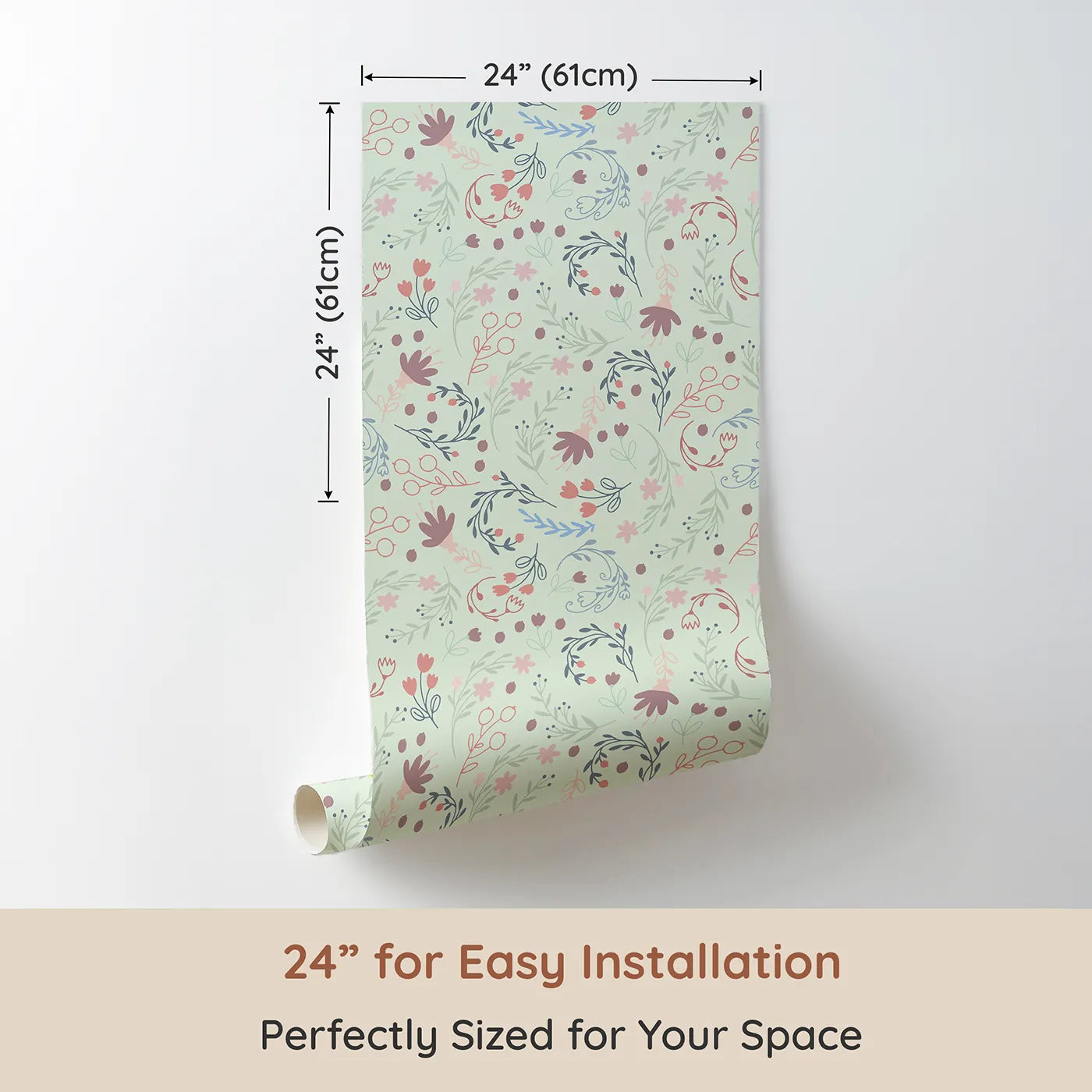 Dimension view of Whimsy Tots Fairy Petal Garden Wallpaper in Mint Green (W3181D). Printed in 24-inch-wide panel for easy installation. Dancing fairies and wild florals fill the air with wonder.