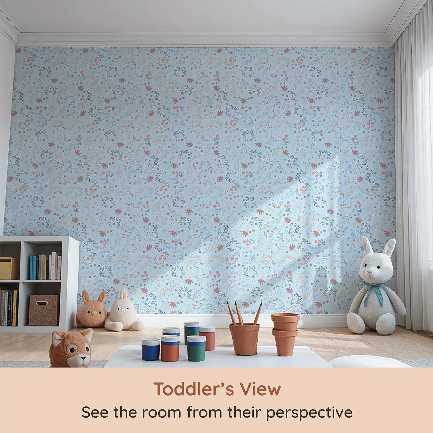 Whimsy Tots Fairy Petal Garden Wallpaper in Blue (W3181E) from your child's view.Dancing fairies and wild florals fill the air with wonder.
