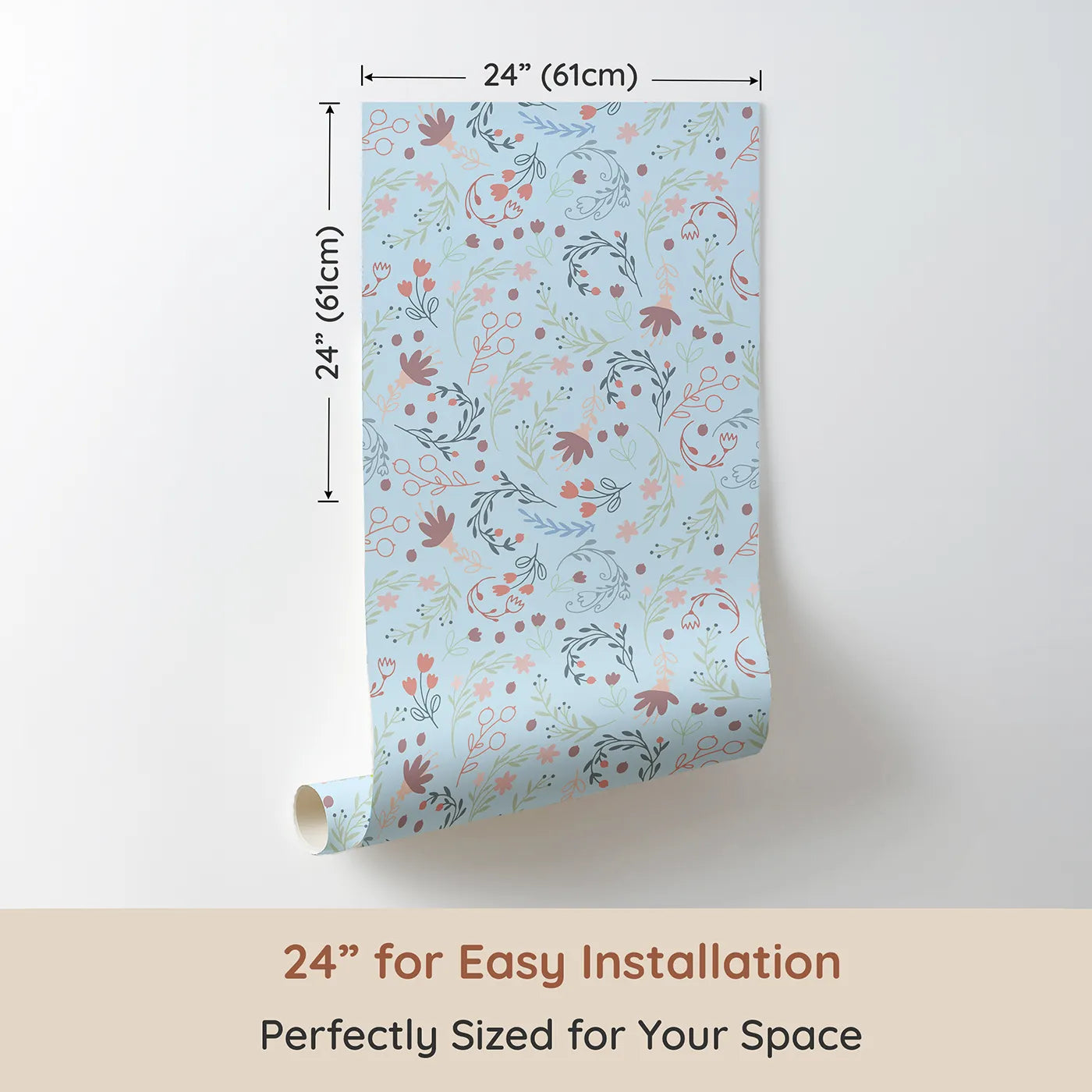 Dimension view of Whimsy Tots Fairy Petal Garden Wallpaper in Blue (W3181E). Printed in 24-inch-wide panel for easy installation. Dancing fairies and wild florals fill the air with wonder.