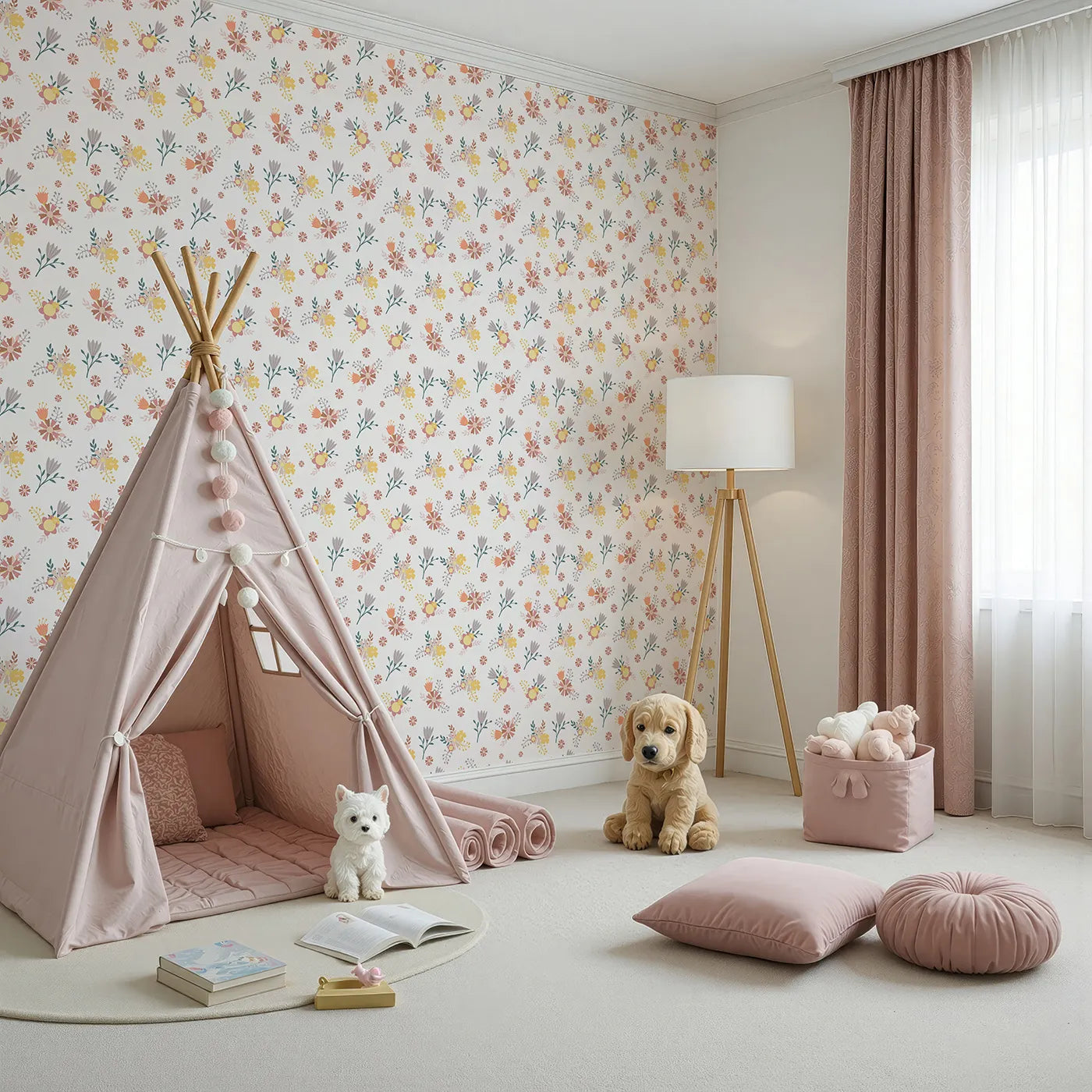 Angled view of Whimsy Tots' Sunbeam Wildflower Parade Wallpaper in Cream (W3182A).Joyful florals bloom in sunshine tones across a soft neutral sky.