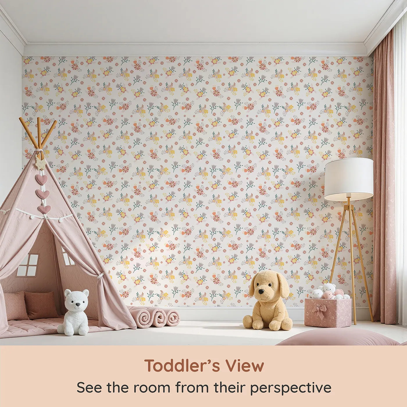 Whimsy Tots Sunbeam Wildflower Parade Wallpaper in Cream (W3182A) from your child's view.Joyful florals bloom in sunshine tones across a soft neutral sky.