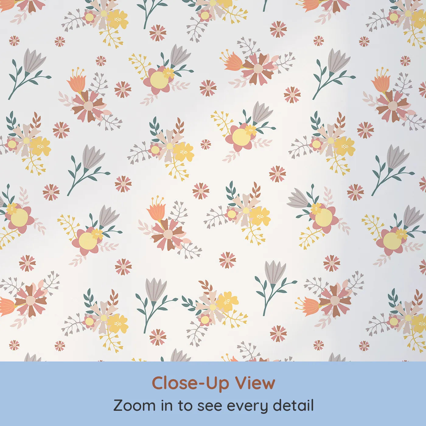 Close-up view of Whimsy Tots' Sunbeam Wildflower Parade Wallpaper in Cream (W3182A).Joyful florals bloom in sunshine tones across a soft neutral sky.