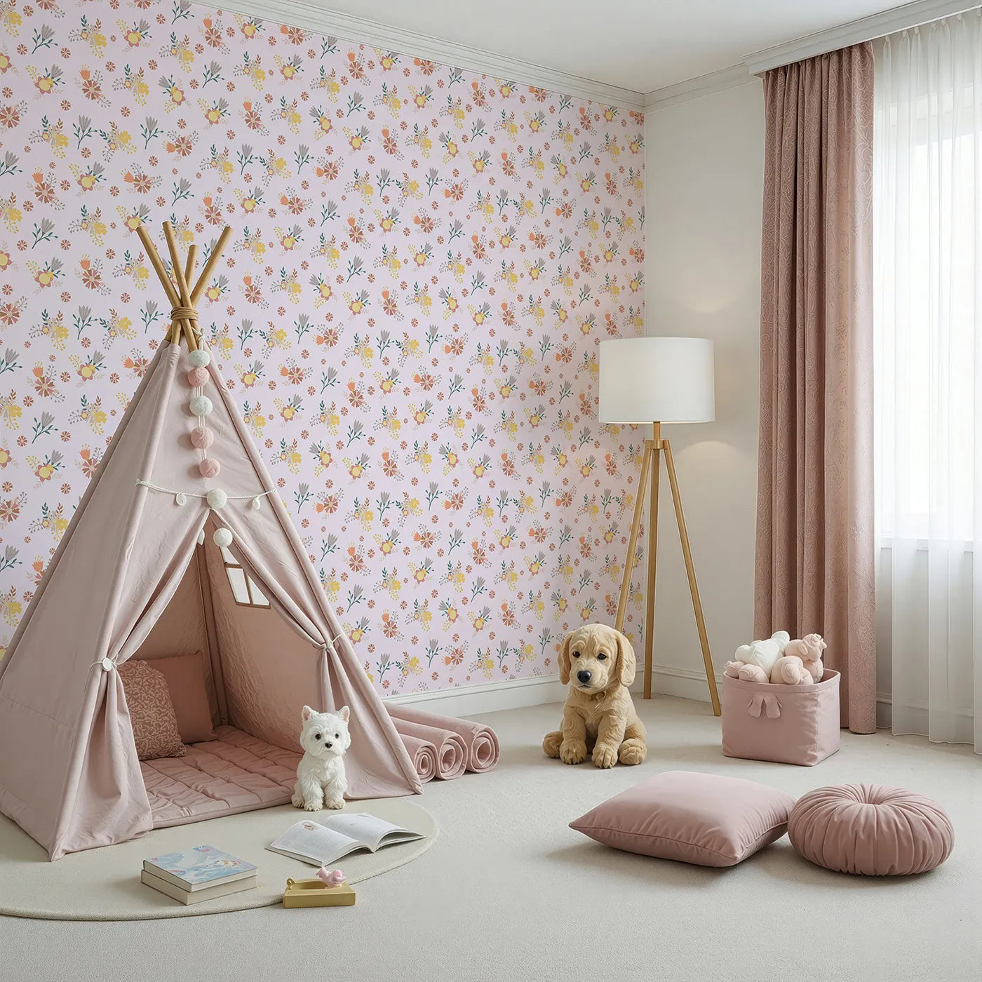 Angled view of Whimsy Tots' Sunbeam Wildflower Parade Wallpaper in Blush Pink (W3182B).Joyful florals bloom in sunshine tones across a soft blush sky.