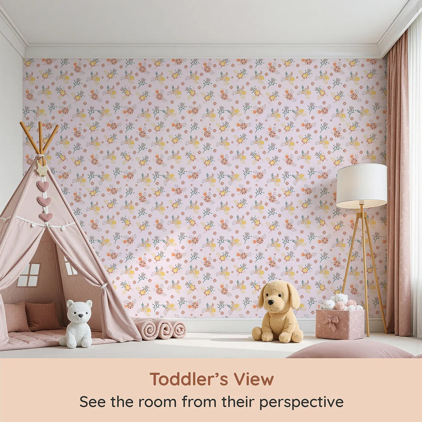 Whimsy Tots Sunbeam Wildflower Parade Wallpaper in Blush Pink (W3182B) from your child's view.Joyful florals bloom in sunshine tones across a soft blush sky.