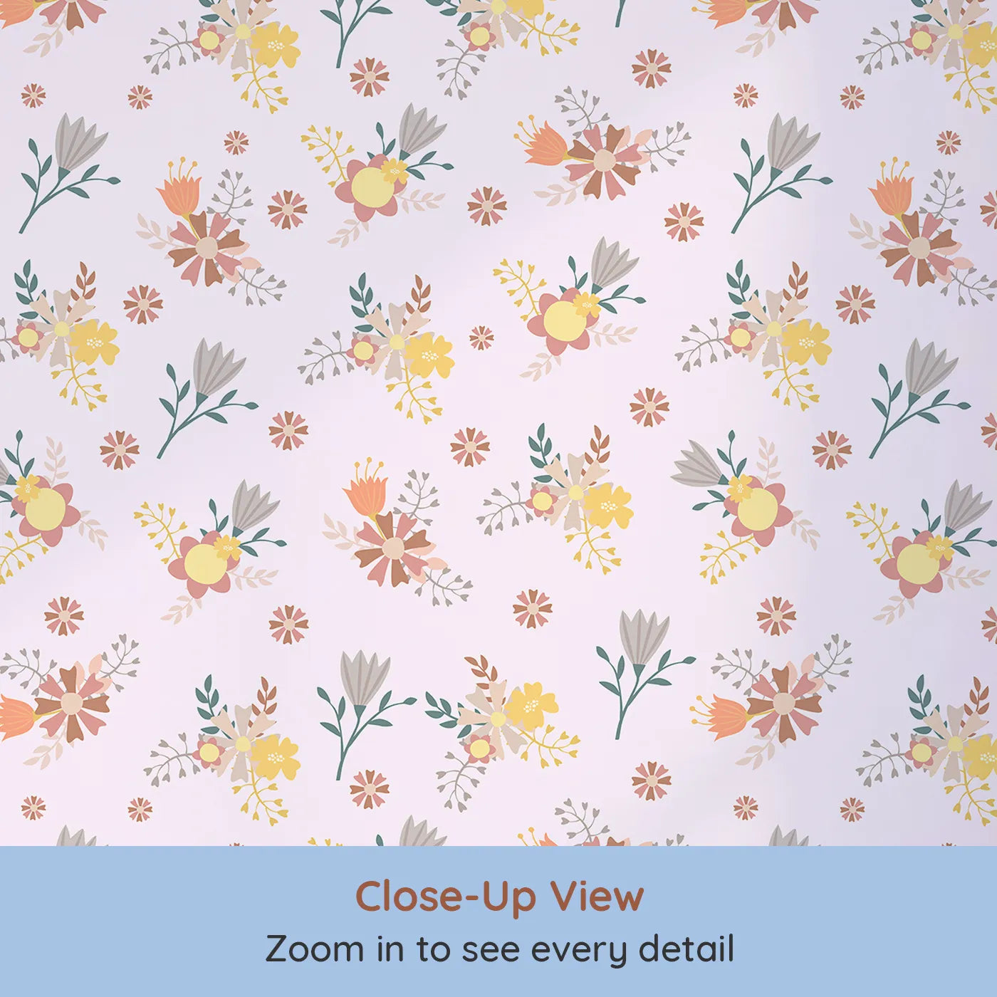 Close-up view of Whimsy Tots' Sunbeam Wildflower Parade Wallpaper in Blush Pink (W3182B).Joyful florals bloom in sunshine tones across a soft blush sky.