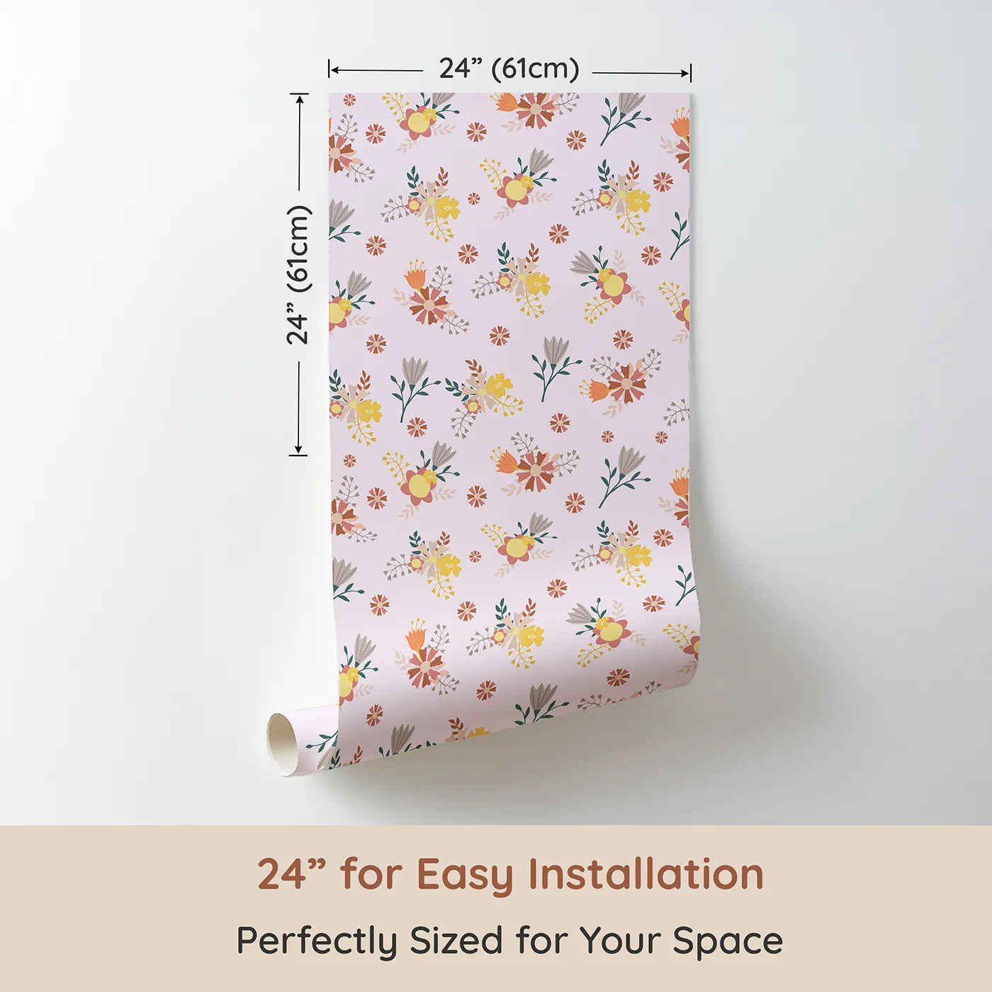 Dimension view of Whimsy Tots Sunbeam Wildflower Parade Wallpaper in Blush Pink (W3182B). Printed in 24-inch-wide panel for easy installation. Joyful florals bloom in sunshine tones across a soft blush sky.