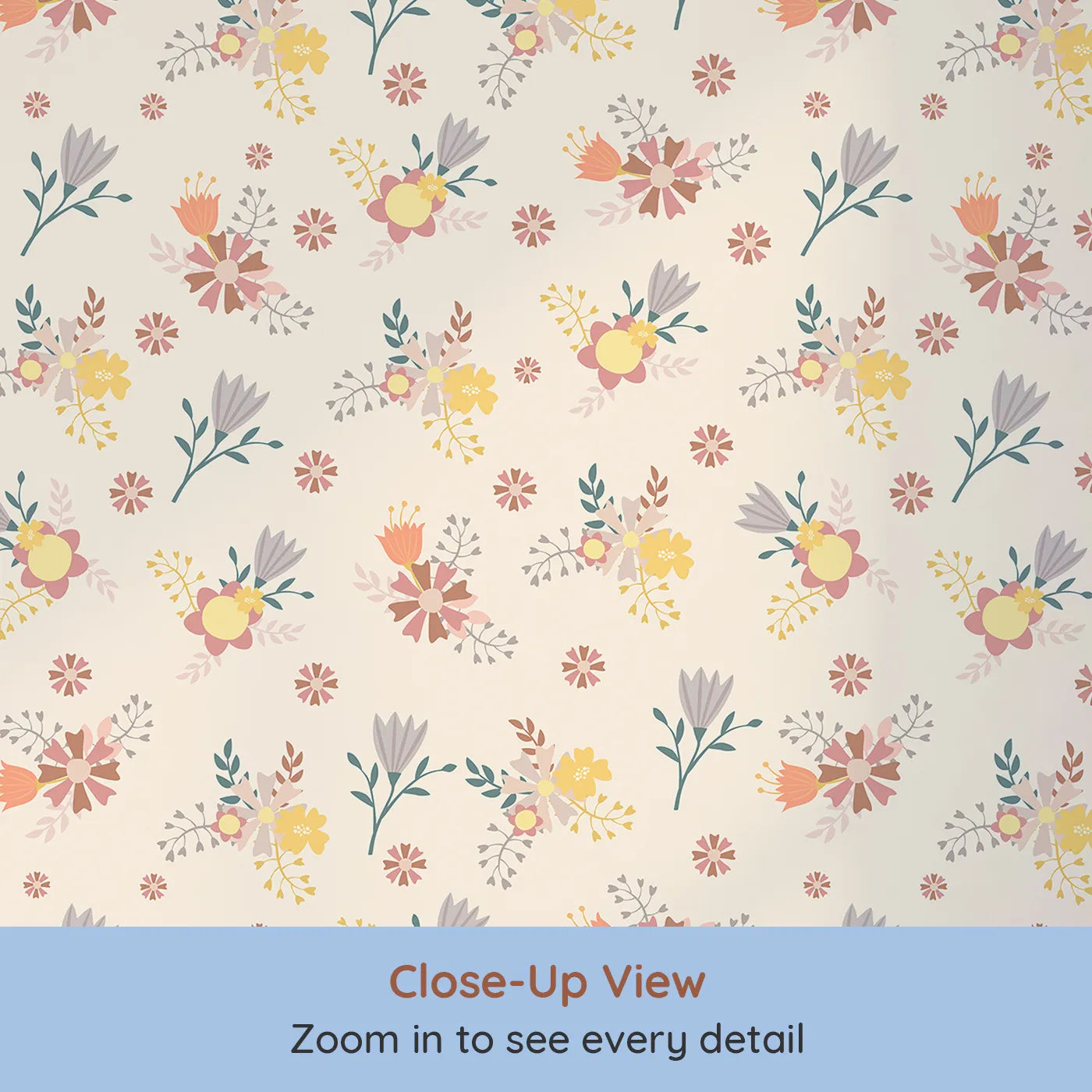 Close-up view of Whimsy Tots' Sunbeam Wildflower Parade Wallpaper in Beige (W3182C).Joyful florals bloom in sunshine tones across a soft beige sky.