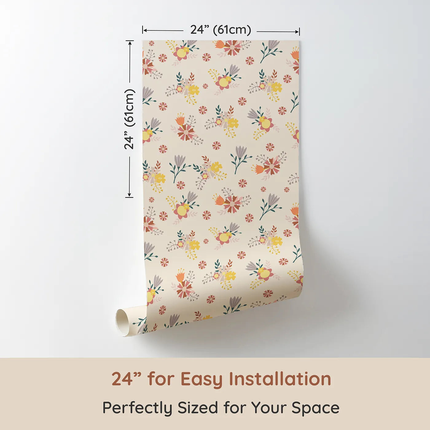 Dimension view of Whimsy Tots Sunbeam Wildflower Parade Wallpaper in Beige (W3182C). Printed in 24-inch-wide panel for easy installation. Joyful florals bloom in sunshine tones across a soft beige sky.