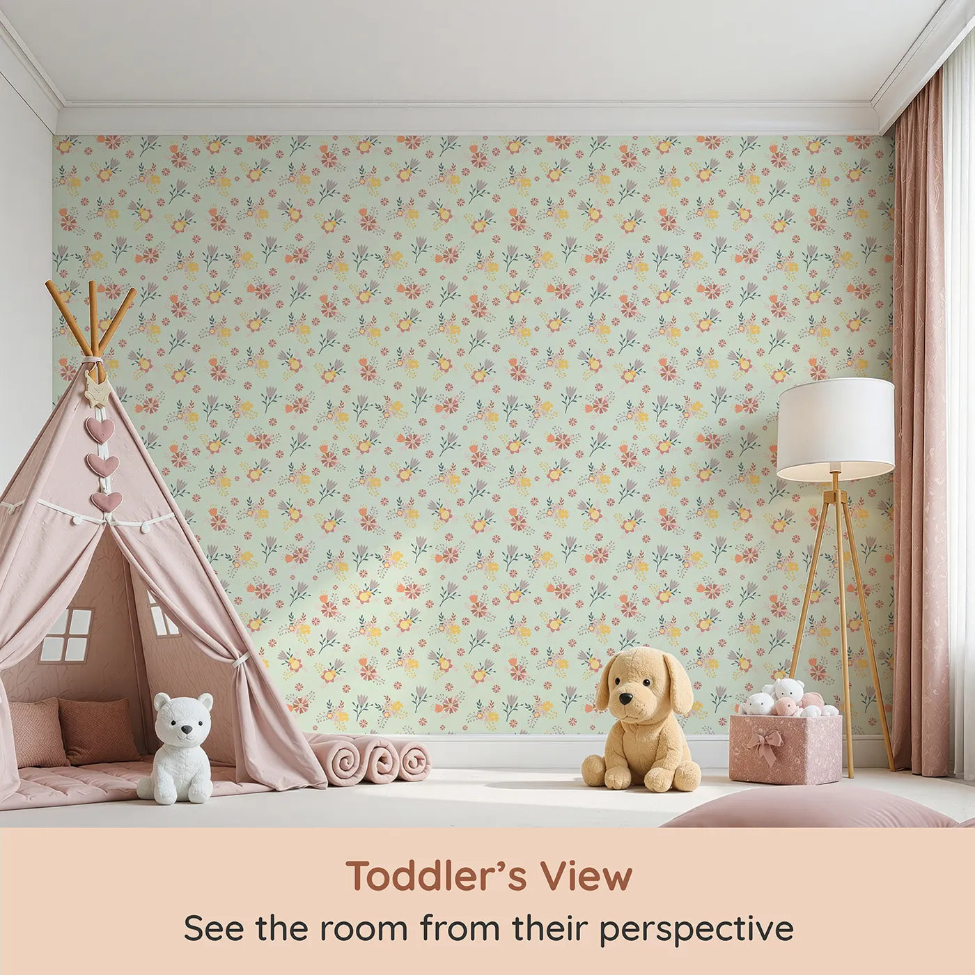 Whimsy Tots Sunbeam Wildflower Parade Wallpaper in Mint Green (W3182D) from your child's view.Joyful florals bloom in sunshine tones across a fresh mint sky.