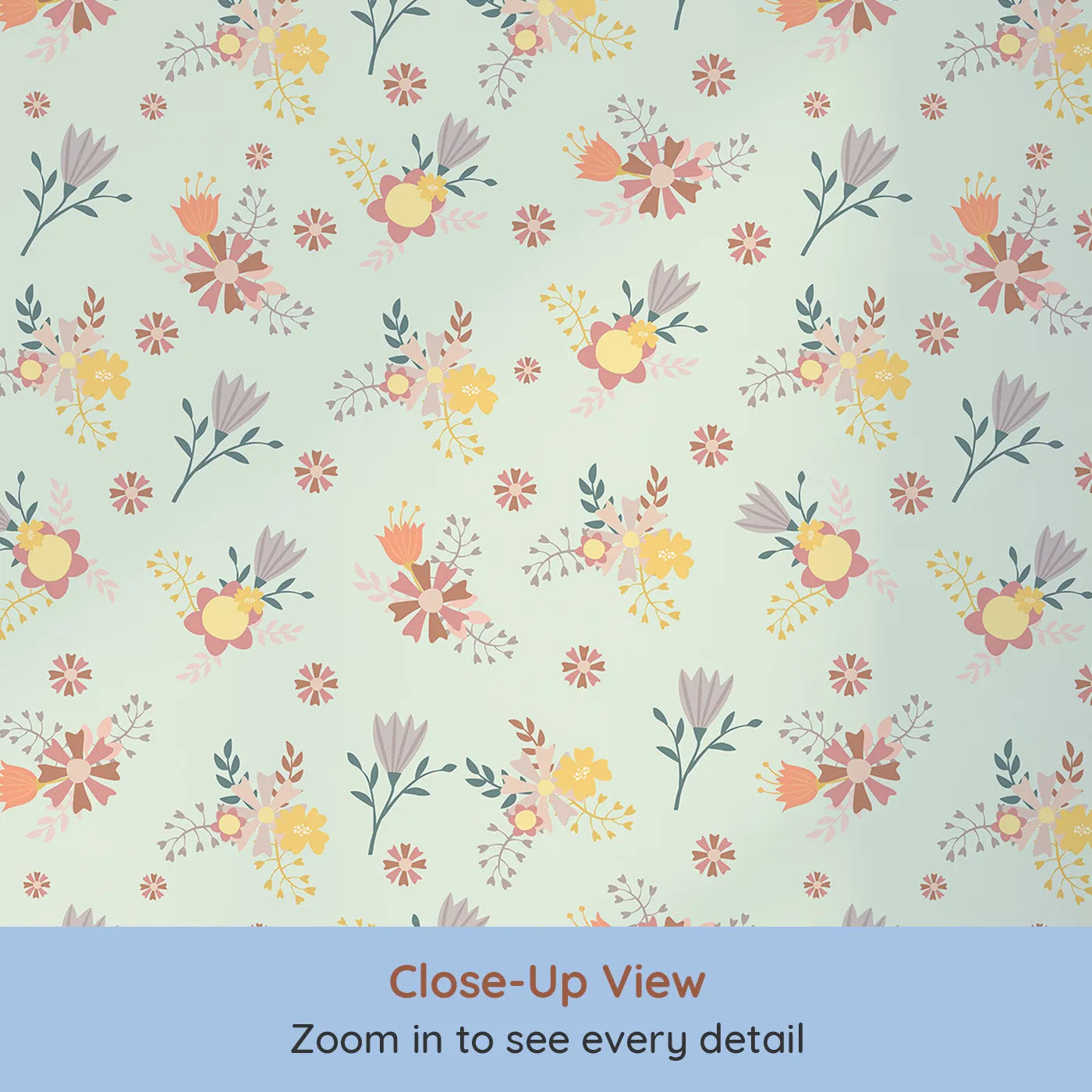 Close-up view of Whimsy Tots' Sunbeam Wildflower Parade Wallpaper in Mint Green (W3182D).Joyful florals bloom in sunshine tones across a fresh mint sky.