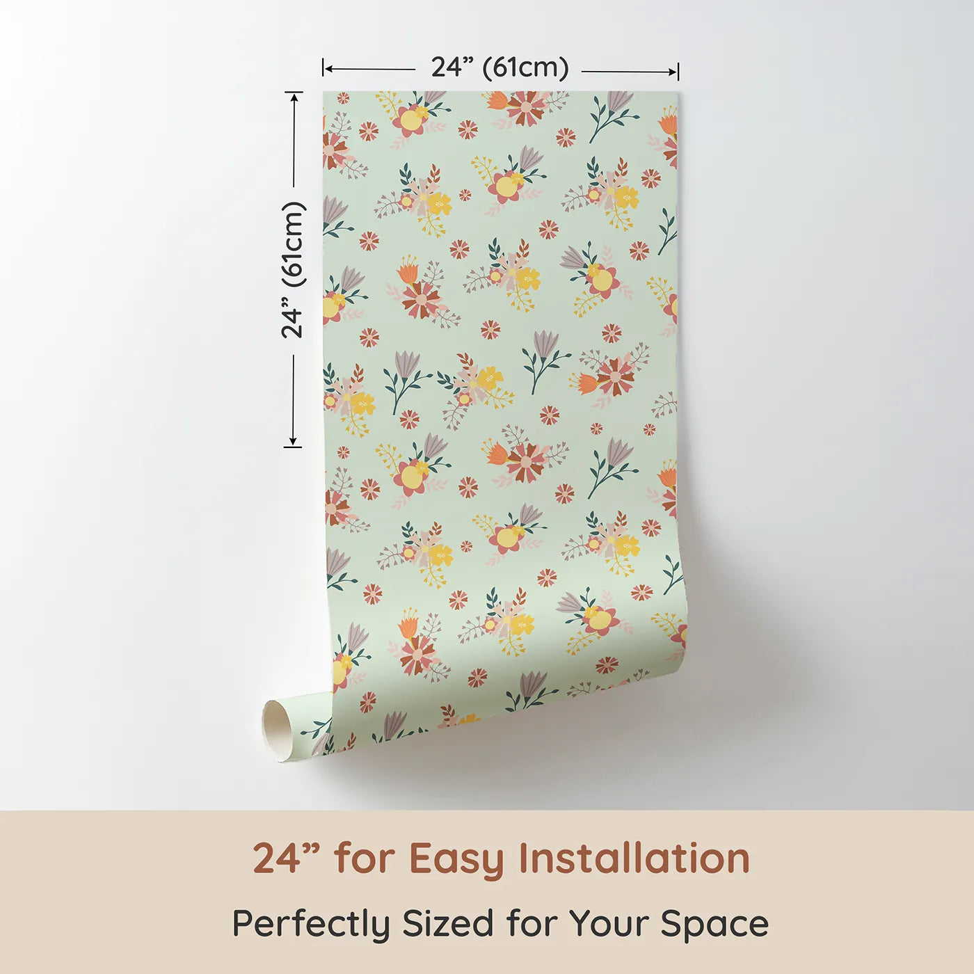Dimension view of Whimsy Tots Sunbeam Wildflower Parade Wallpaper in Mint Green (W3182D). Printed in 24-inch-wide panel for easy installation. Joyful florals bloom in sunshine tones across a fresh mint sky.