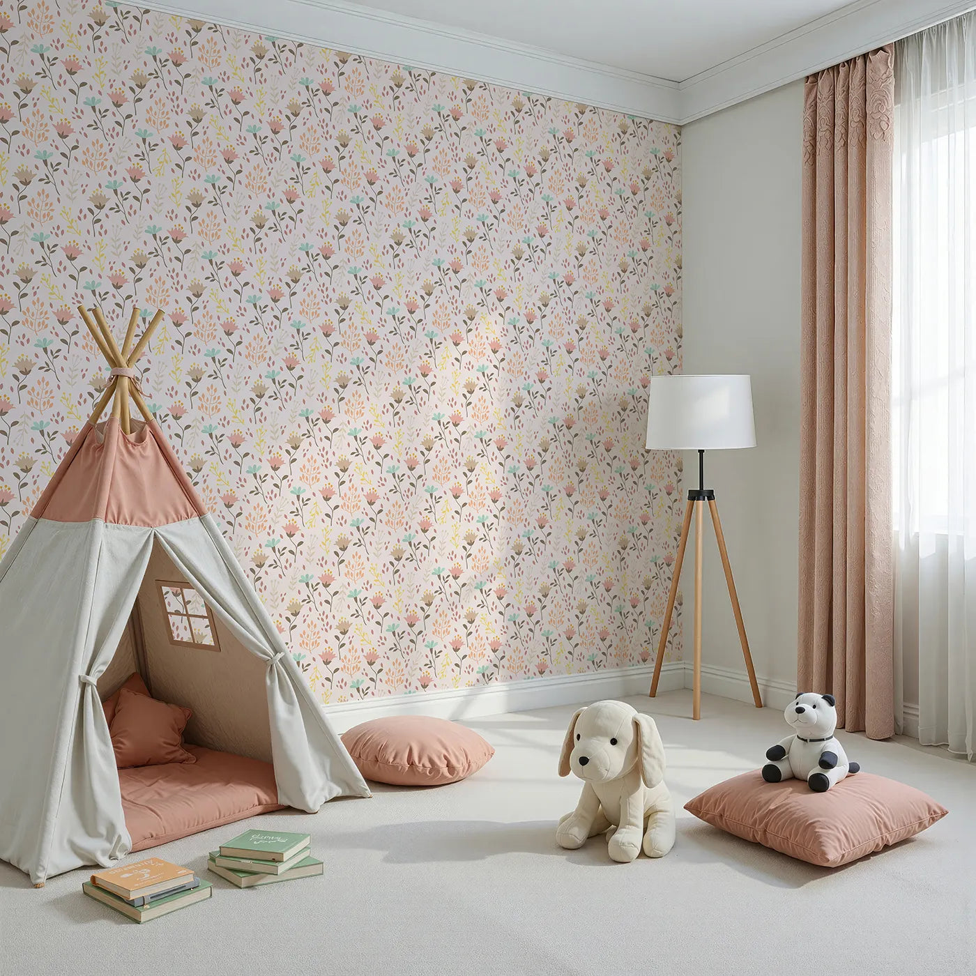 Angled view of Whimsy Tots' Blooming Meadow Stems Wallpaper in Blush Pink (W3183A).Hand-drawn florals bring softness, charm, and nature's calm into their world.