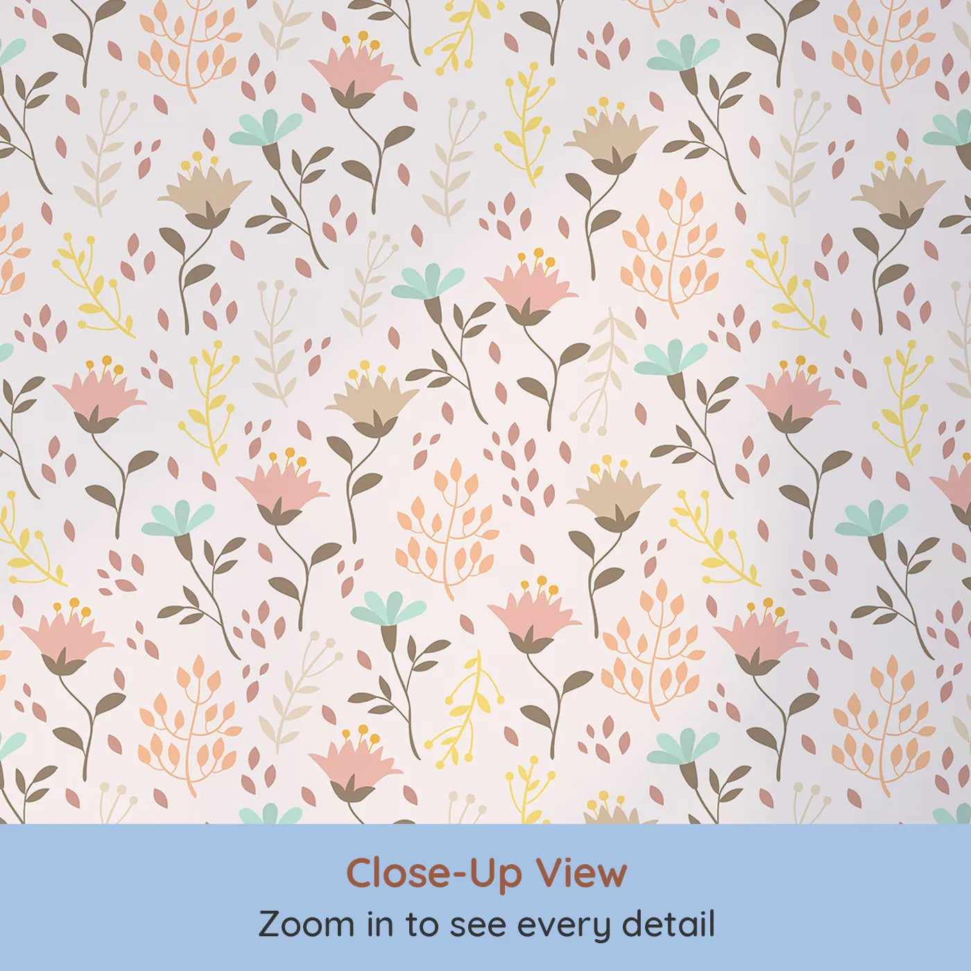 Close-up view of Whimsy Tots' Blooming Meadow Stems Wallpaper in Blush Pink (W3183A).Hand-drawn florals bring softness, charm, and nature's calm into their world.