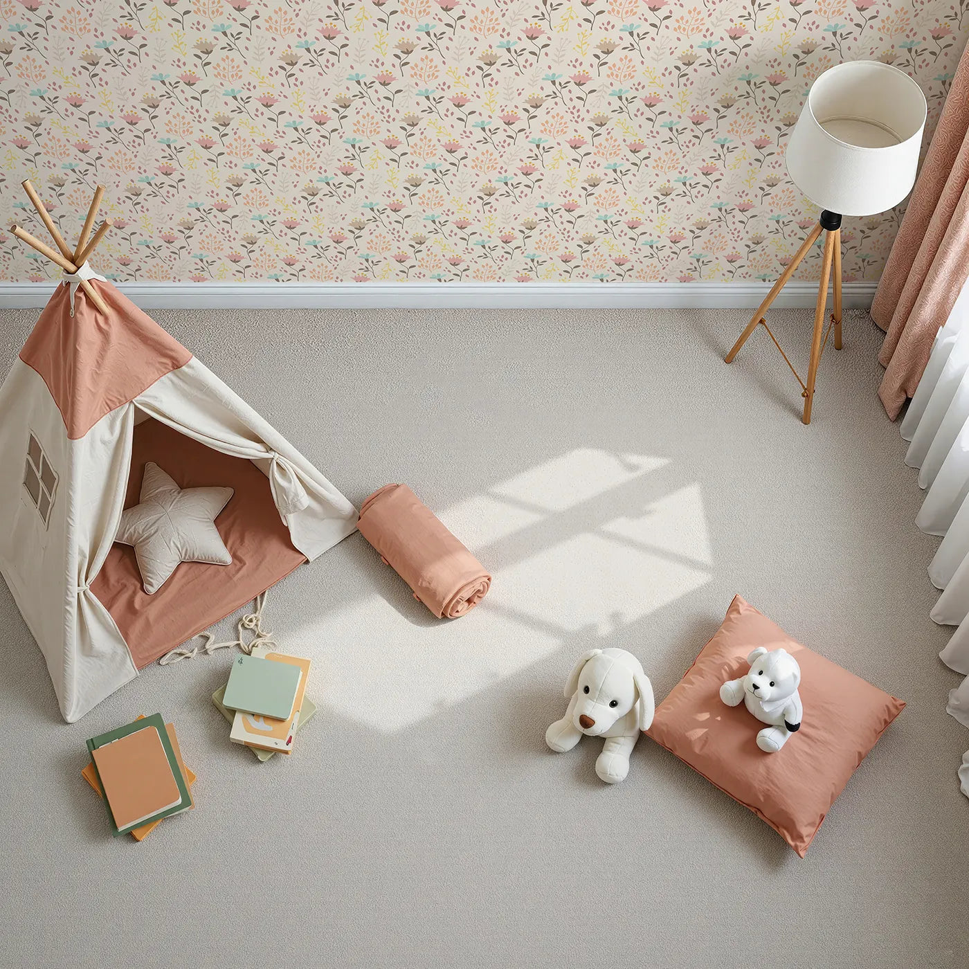 Top-Down view of Whimsy Tots' Blooming Meadow Stems Wallpaper in Beige (W3183B).Hand-drawn florals bring softness, charm, and nature's calm into their world.