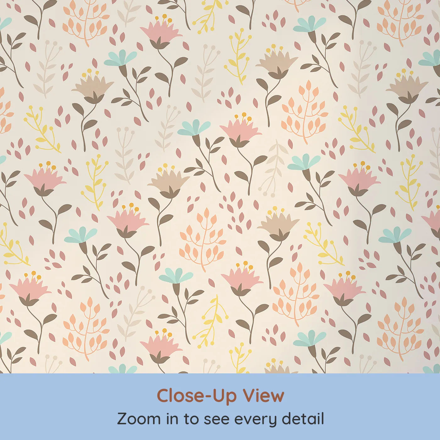 Close-up view of Whimsy Tots' Blooming Meadow Stems Wallpaper in Beige (W3183B).Hand-drawn florals bring softness, charm, and nature's calm into their world.