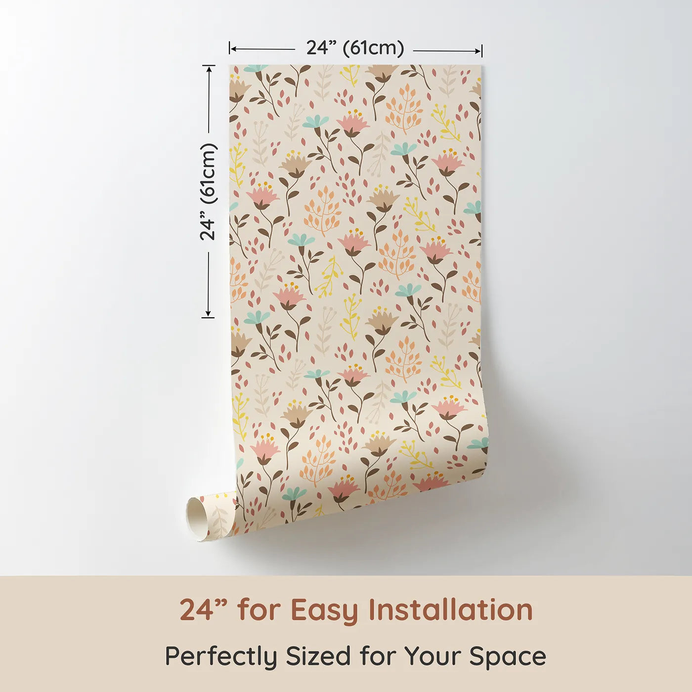 Dimension view of Whimsy Tots Blooming Meadow Stems Wallpaper in Beige (W3183B). Printed in 24-inch-wide panel for easy installation. Hand-drawn florals bring softness, charm, and nature's calm into their world.