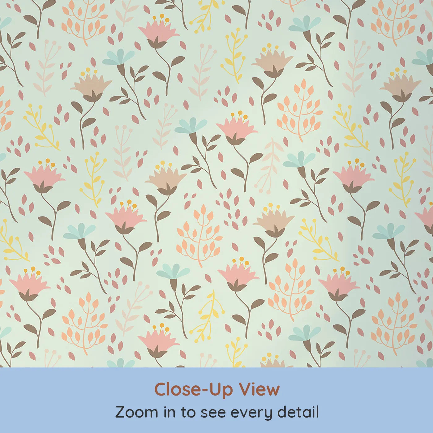Close-up view of Whimsy Tots' Blooming Meadow Stems Wallpaper in Mint Green (W3183C).Hand-drawn florals bring softness, charm, and nature's calm into their world.