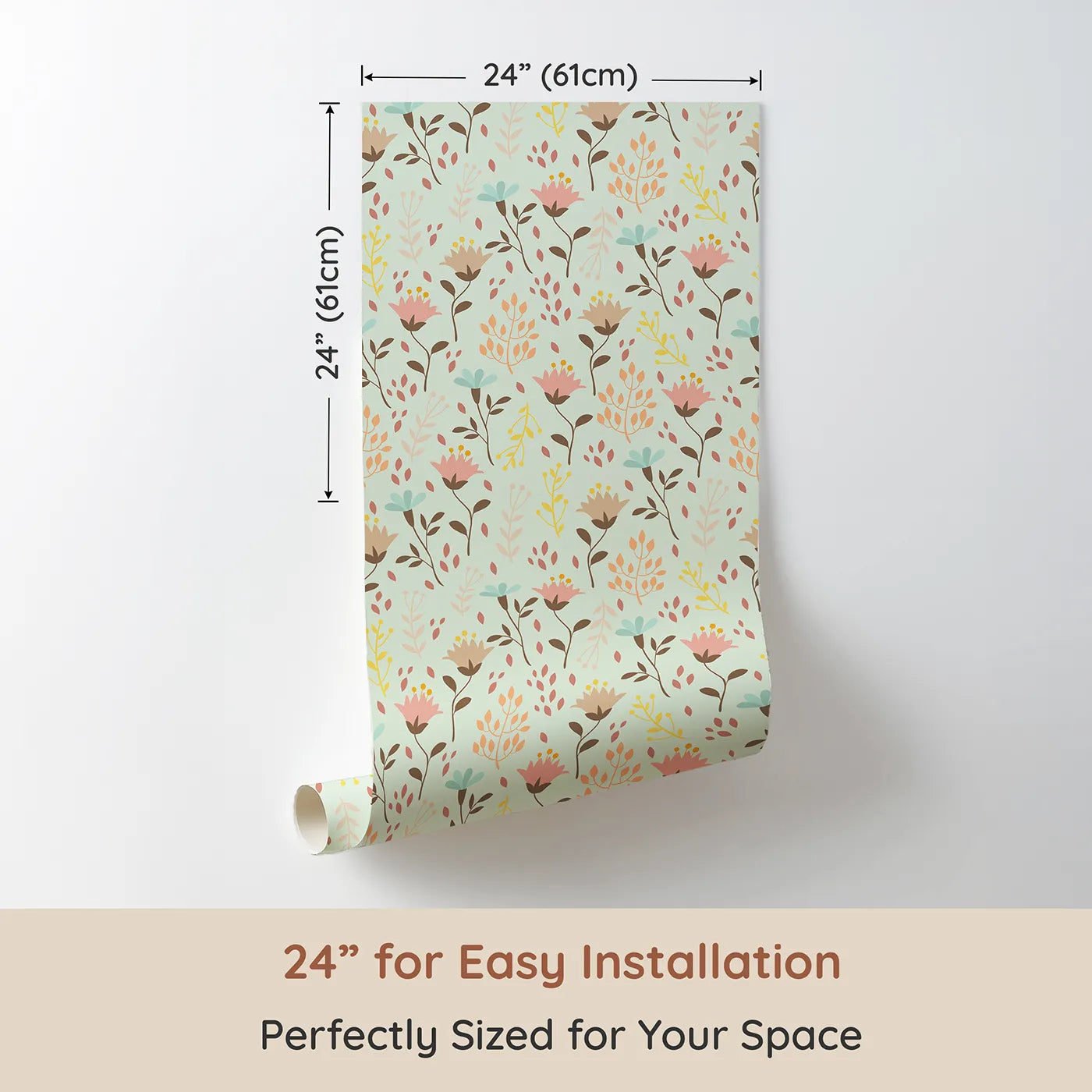 Dimension view of Whimsy Tots Blooming Meadow Stems Wallpaper in Mint Green (W3183C). Printed in 24-inch-wide panel for easy installation. Hand-drawn florals bring softness, charm, and nature's calm into their world.