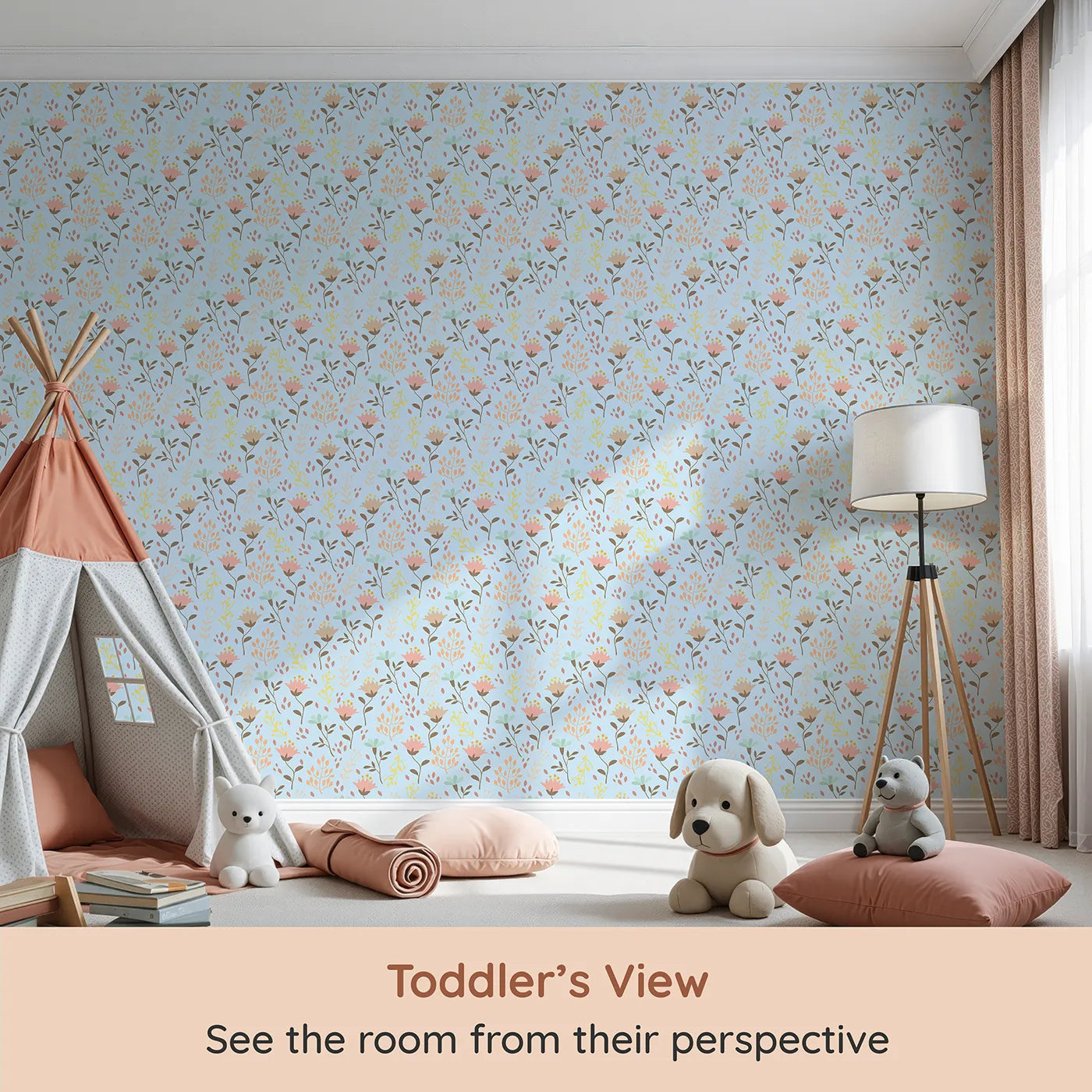 Whimsy Tots Blooming Meadow Stems Wallpaper in Blue (W3183D) from your child's view.Hand-drawn florals bring softness, charm, and nature's calm into their world.