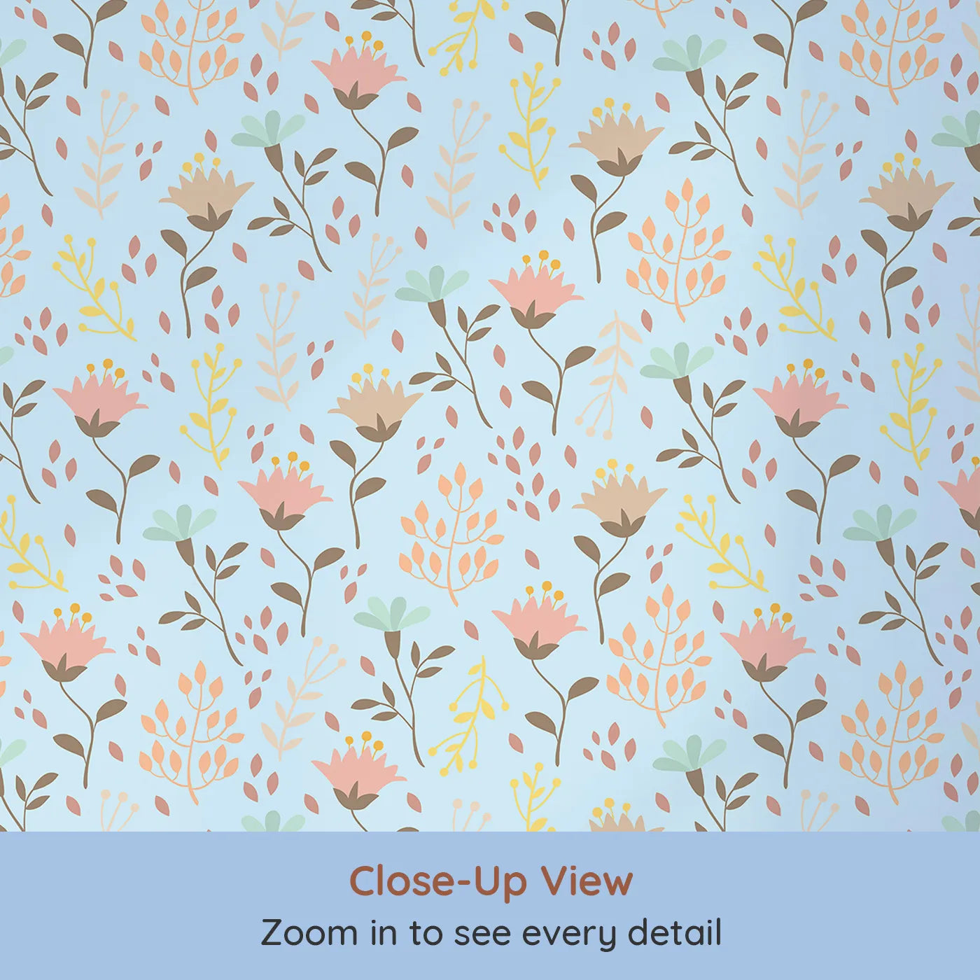 Close-up view of Whimsy Tots' Blooming Meadow Stems Wallpaper in Blue (W3183D).Hand-drawn florals bring softness, charm, and nature's calm into their world.