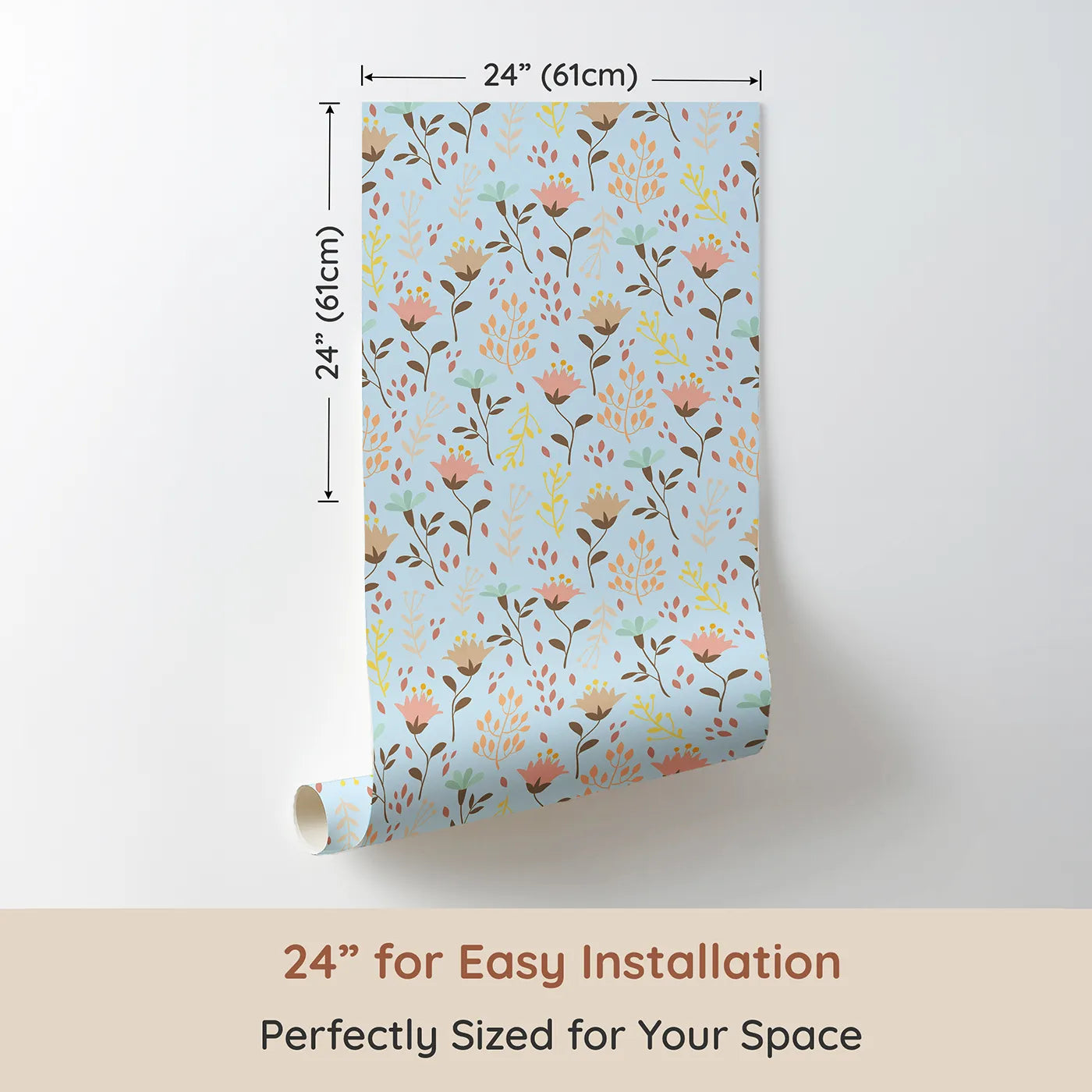 Dimension view of Whimsy Tots Blooming Meadow Stems Wallpaper in Blue (W3183D). Printed in 24-inch-wide panel for easy installation. Hand-drawn florals bring softness, charm, and nature's calm into their world.