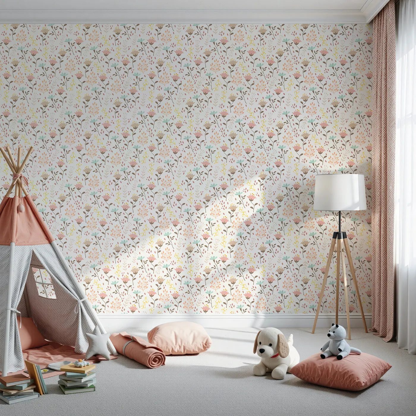 Front view of Whimsy Tots' Blooming Meadow Stems Wallpaper in White