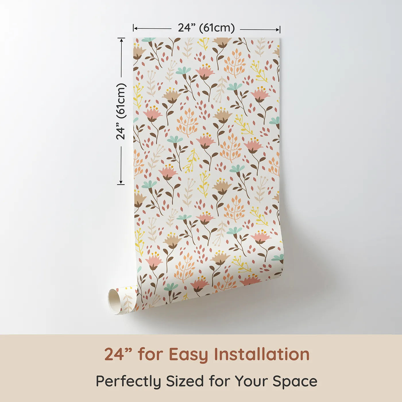 Dimension view of Whimsy Tots Blooming Meadow Stems Wallpaper in White (W3183E). Printed in 24-inch-wide panel for easy installation. Hand-drawn florals bring softness, charm, and nature's calm into their world.