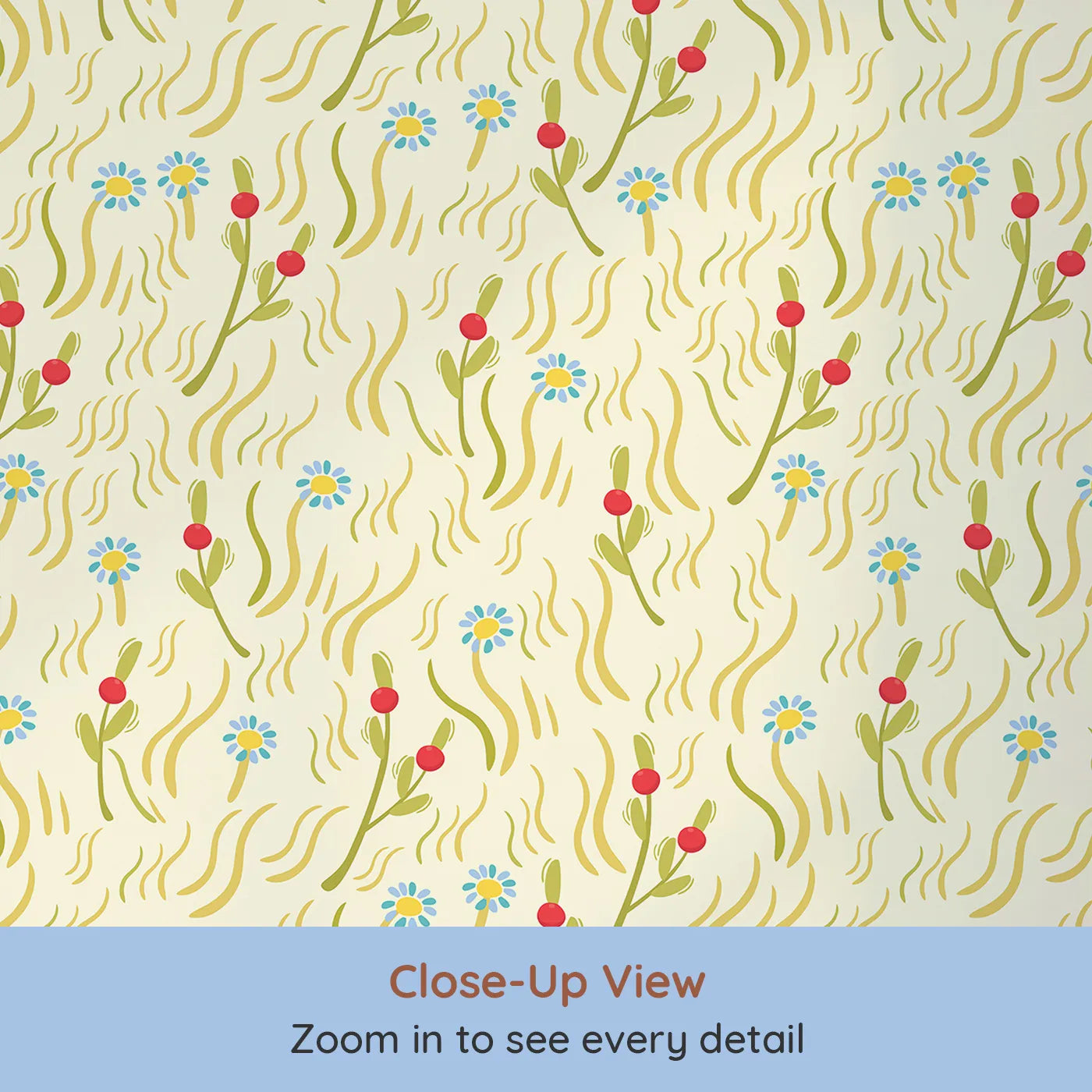 Close-up view of Whimsy Tots' Breezy Meadow Daisies Wallpaper in Cream (W3184).Wavy grass and joyful daisies dance across a golden breeze.