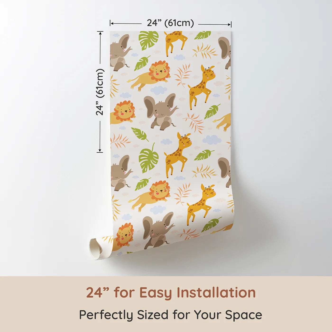 Dimension view of Whimsy Tots Jungle Leaf Pals Wallpaper in Cream (W3186A). Printed in 24-inch-wide panel for easy installation. Cuddly lions, elephants, and giraffes play beneath leafy skies.