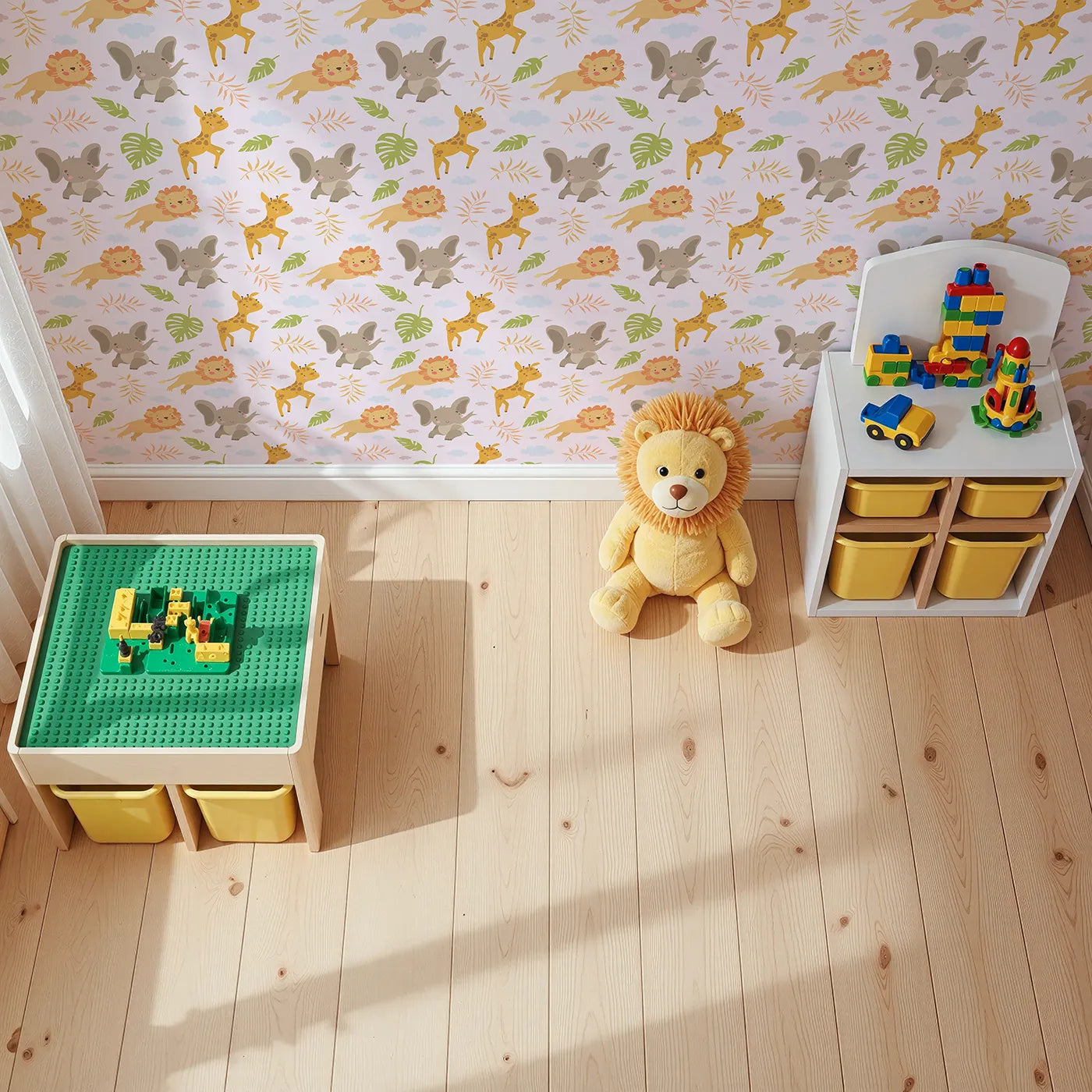 Top-Down view of Whimsy Tots' Jungle Leaf Pals Wallpaper in Blush Pink (W3186B).Cuddly lions, elephants, and giraffes play beneath leafy skies.