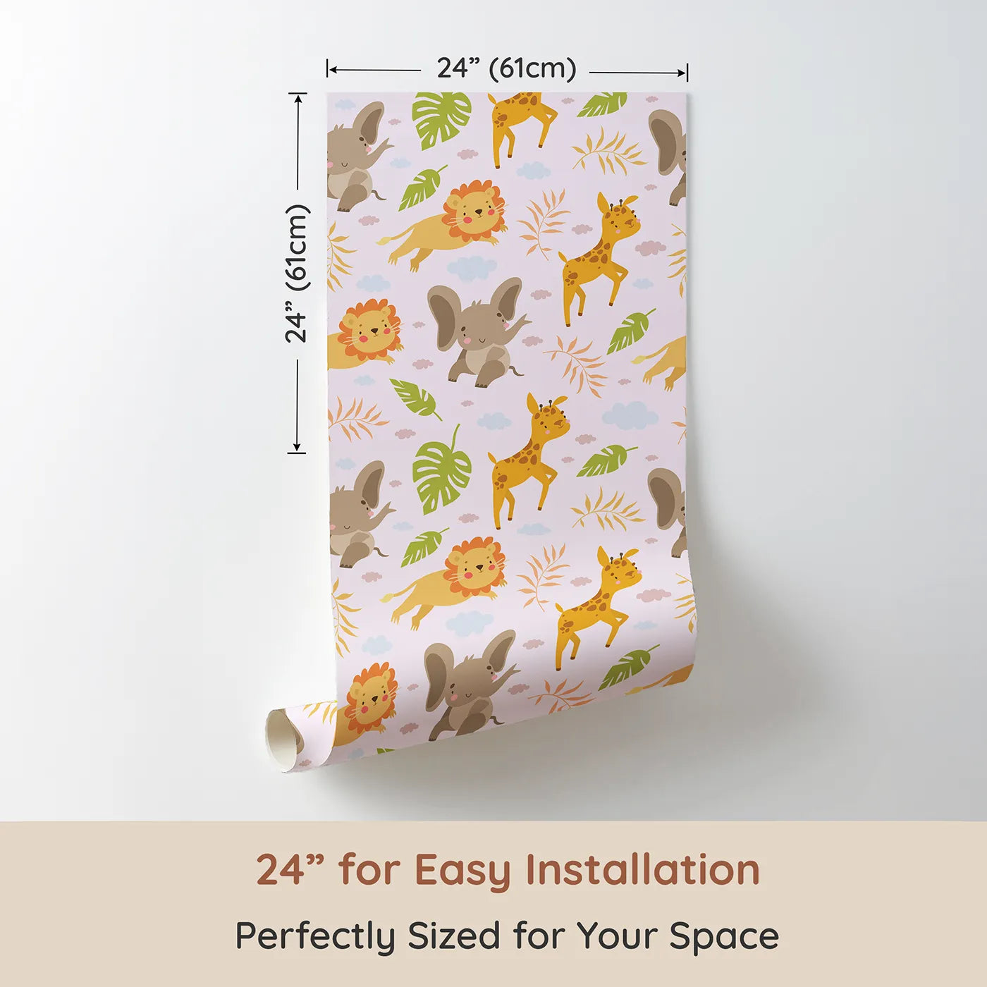 Dimension view of Whimsy Tots Jungle Leaf Pals Wallpaper in Blush Pink (W3186B). Printed in 24-inch-wide panel for easy installation. Cuddly lions, elephants, and giraffes play beneath leafy skies.